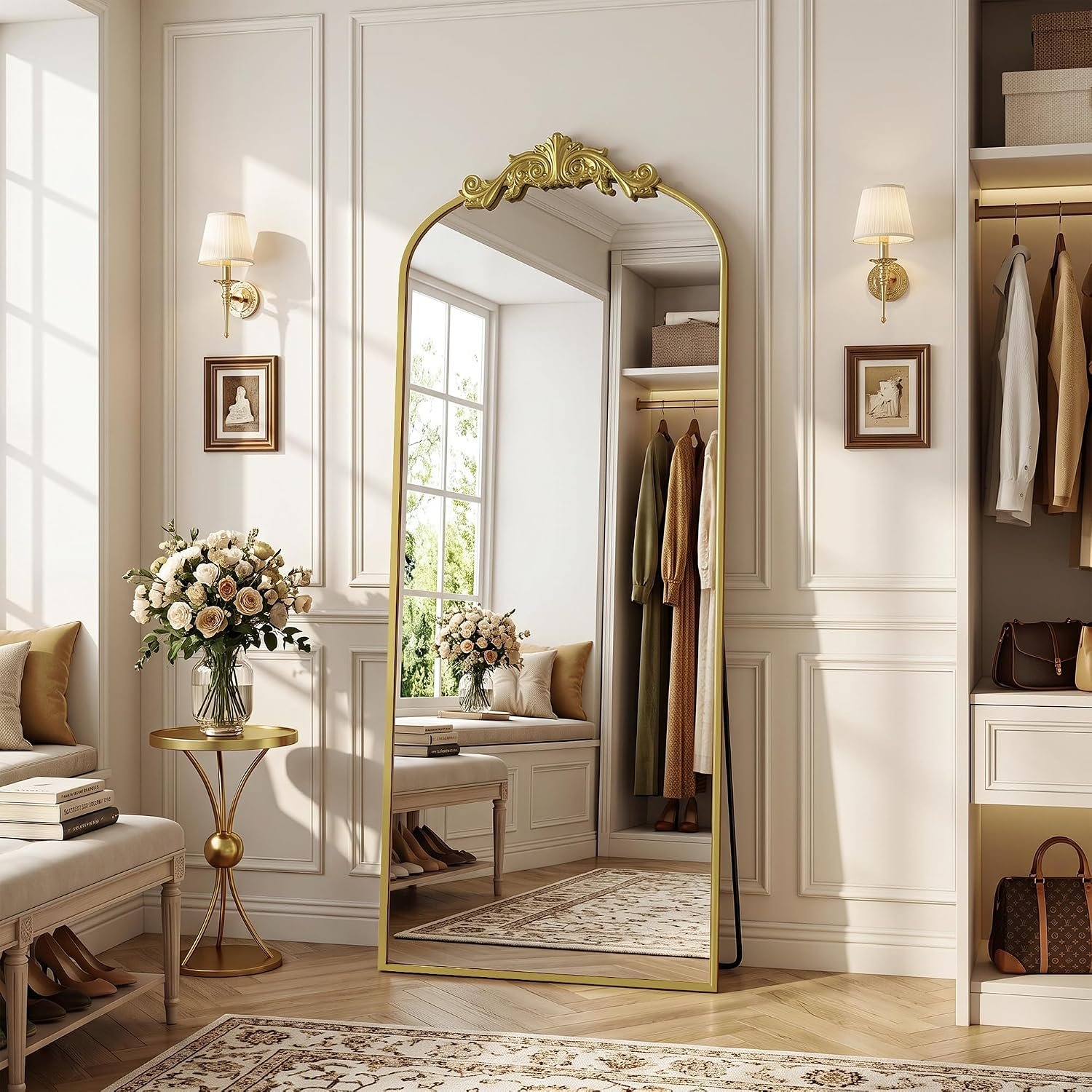Antok Arched Full Length Mirror, 71″x28″ Floor Mirror with Carved, Full Body Mirrors for HomeDecor, Standing/Halling Large Wall Mirror for Bedroom, Living Room, Cloakroom, Gold, Retro Style