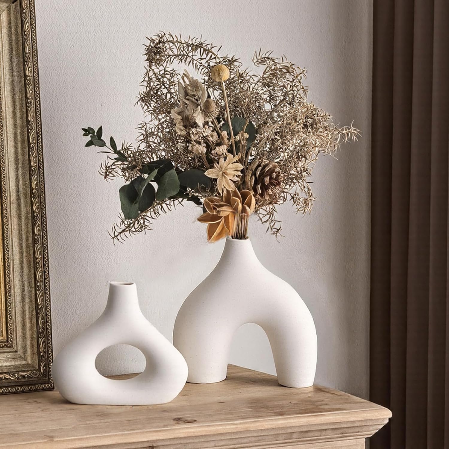 White Ceramic Vase Set of 2, Minimalist Hollow Donut Vases for Pampas Grass, Dried Flowers, Table, Countertops, Boho Modern Decorative Vase for Home Decor, Living Room, Bedroom, Farmhouse