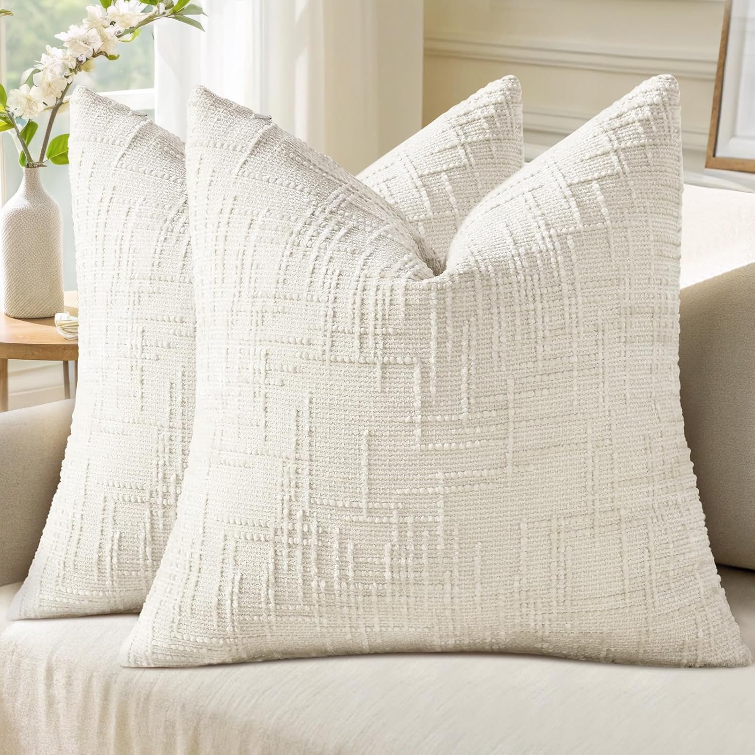 decorUhome Textured Chenille Throw Pillow Covers 20×20 Set of 2 Cream White