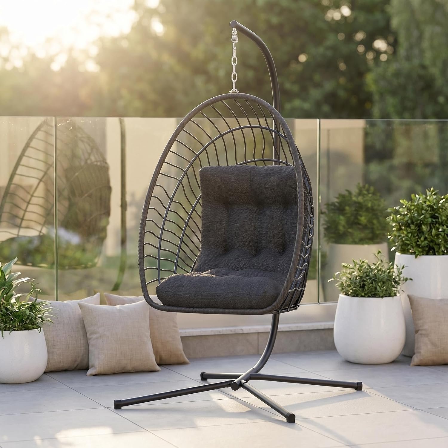 GLANC Folding Hanging Egg Chair with Stand, PE Wicker Outdoor Swing Chair with Reinforced Steel Frame, 350lbs Capacity & Washable Cushions for Indoor Bedroom, Patio & Garden, Grey