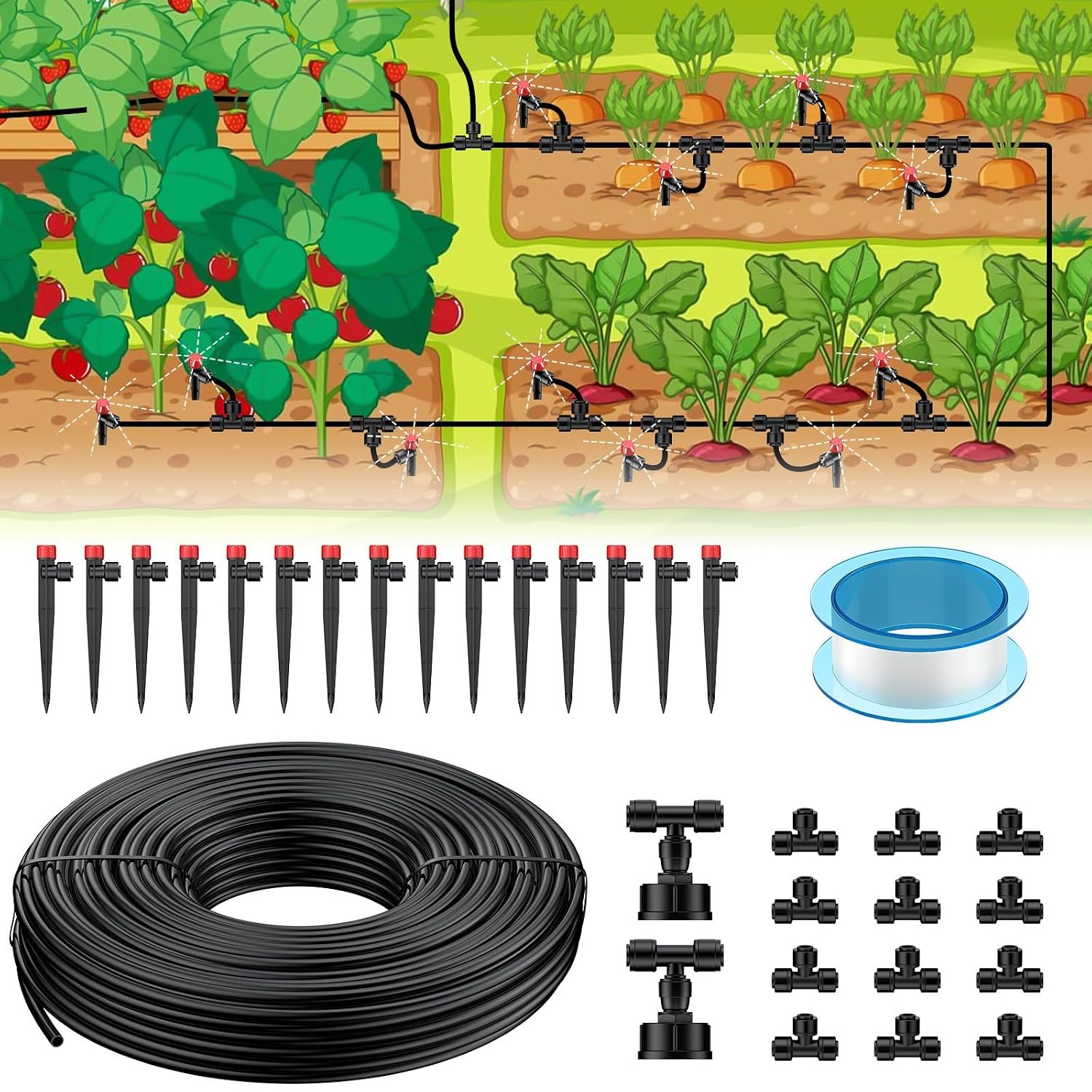 Pawfly 50ft Drip Irrigation System Kit – Quick-Connect Garden Watering System with 1/4″ Tubing, Adjustable Emitters & Drip Irrigation Parts for Greenhouse, Lawn, Patio & Raised Beds