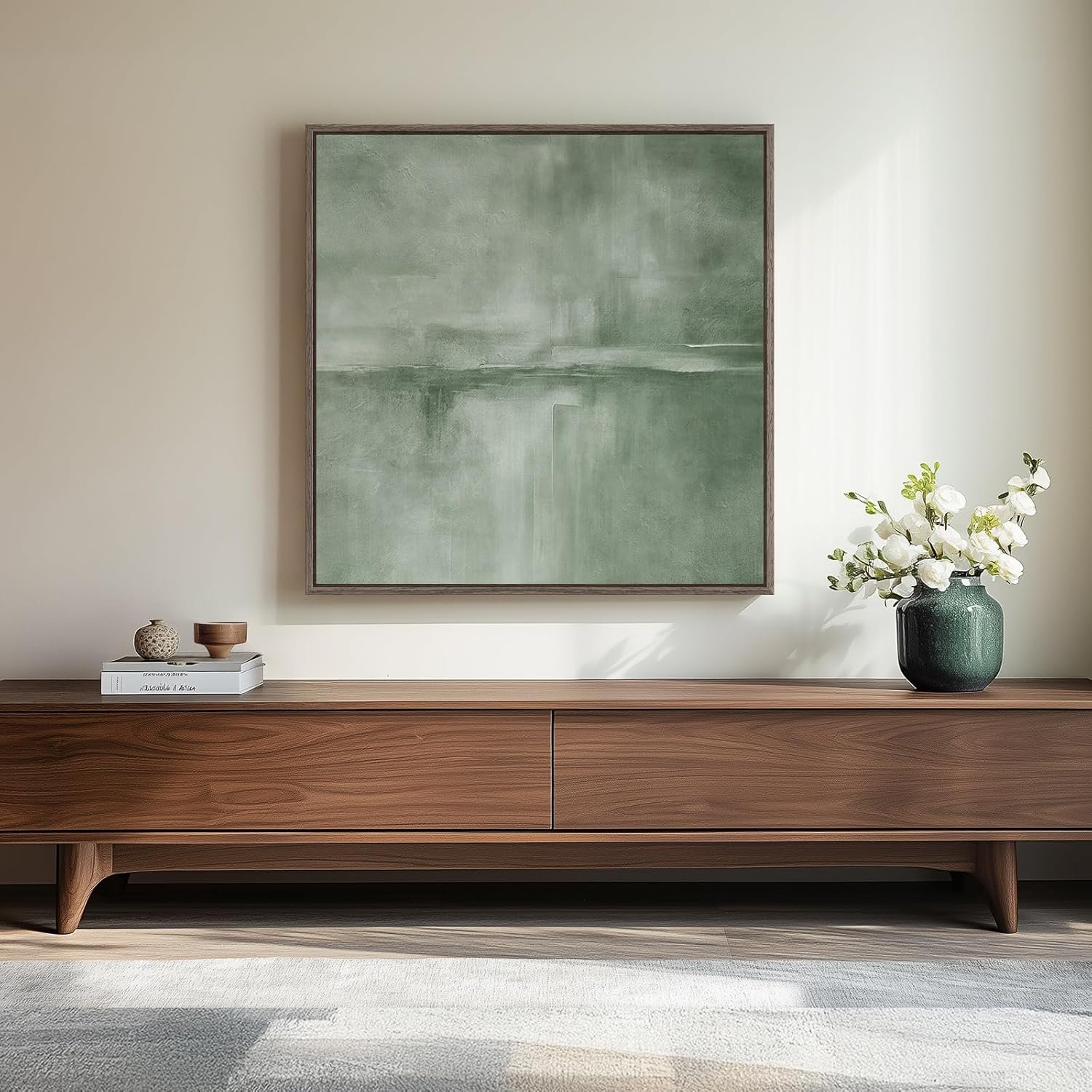 Framed Modern Green Abstract Wall Art Decor for Living Room, 30×30 In