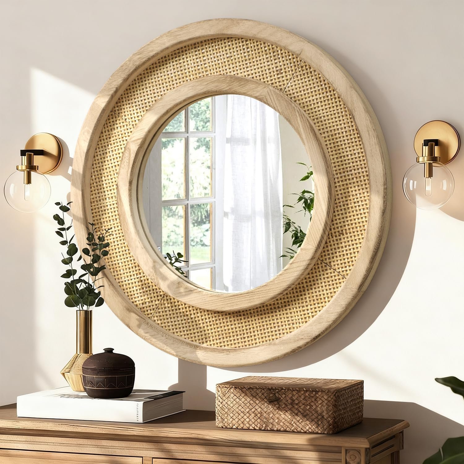 JJUUYOU Wood Mirror with Wood Frame Circle Mirrors for Wall 16 Inch Circular Hanging Mirrors for Living Room Bathroom Vanity Entryway Hallway Brown