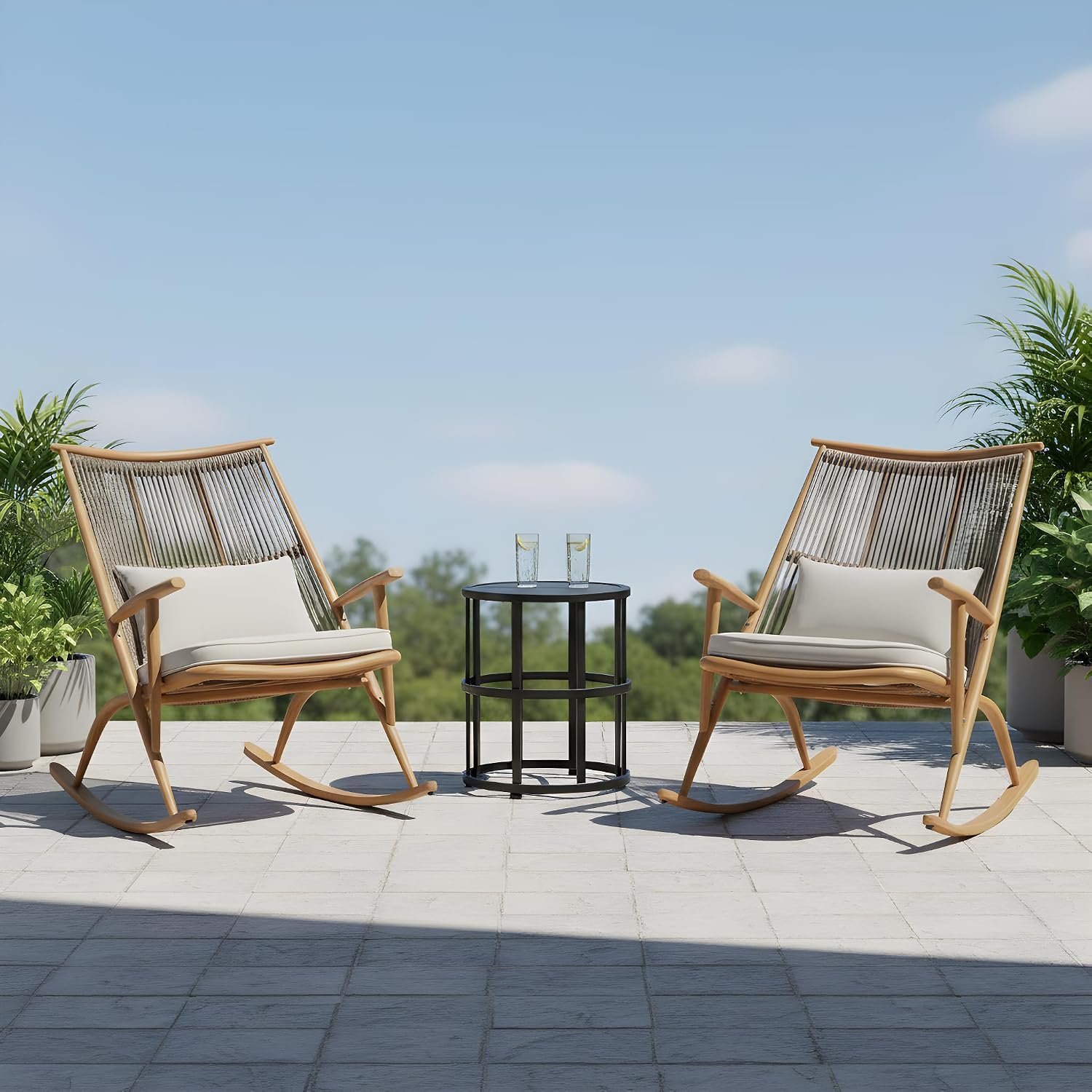 Christopher Knight Home Sion Set of 2 Outdoor Rocking Chair & Ceramic Tile Side Table Set, PE Rattan+Iron Frame Rocker Chair with Cushion, Patio Furniture Set with Small Table, Light Gray+Maple+Black