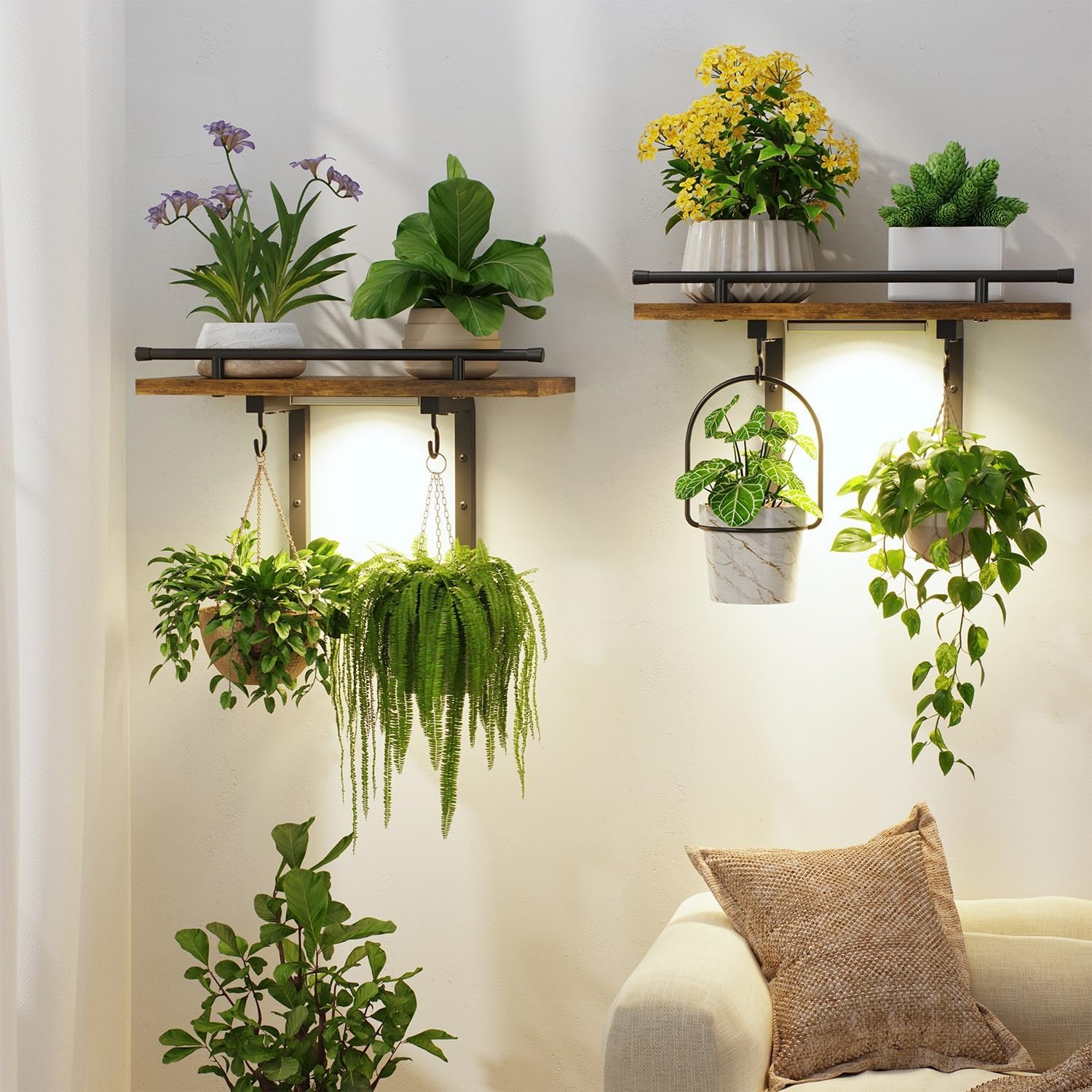 LASZOLA Wall Plant Shelves Floating Hanger Holder with Lights, 2 Pack Brown