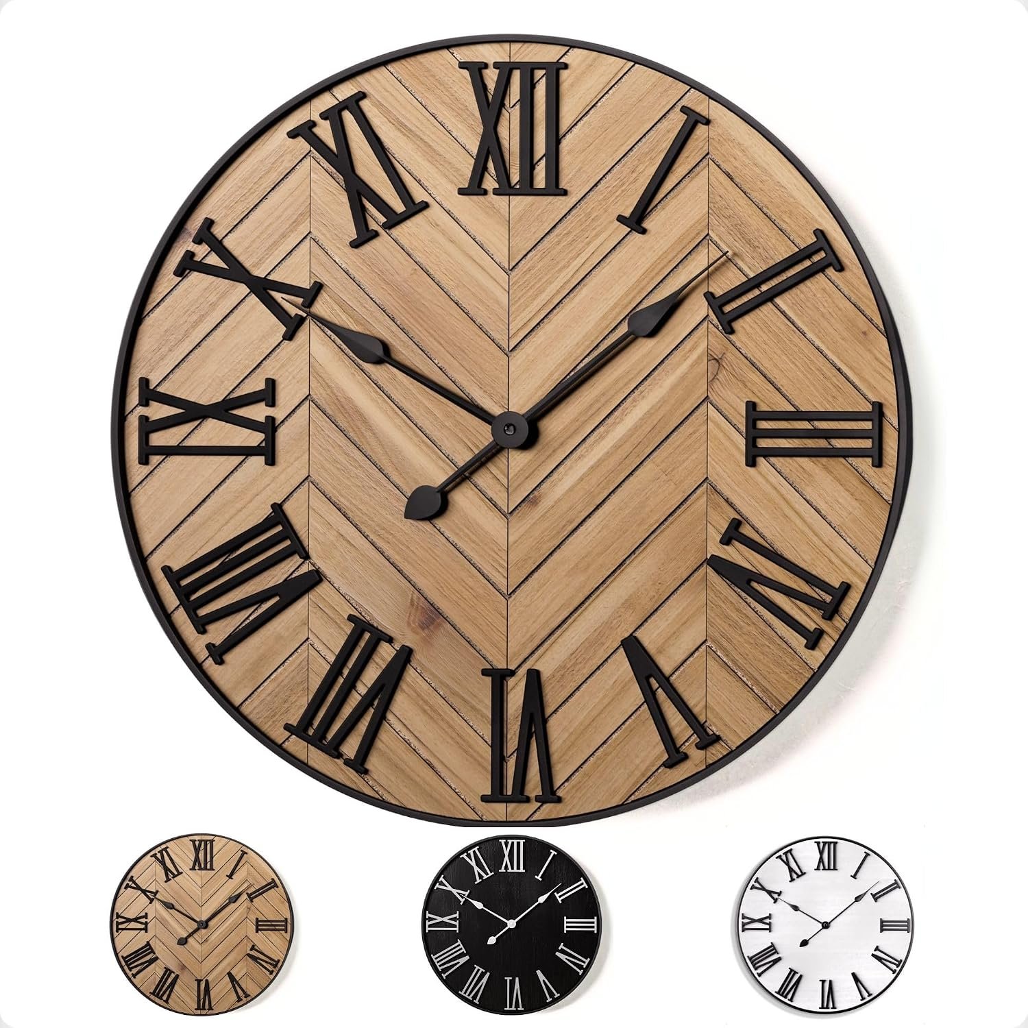 Large Wall Clock 24″ Round, Silent Metal & Wood with Big 3D Roman Numerals