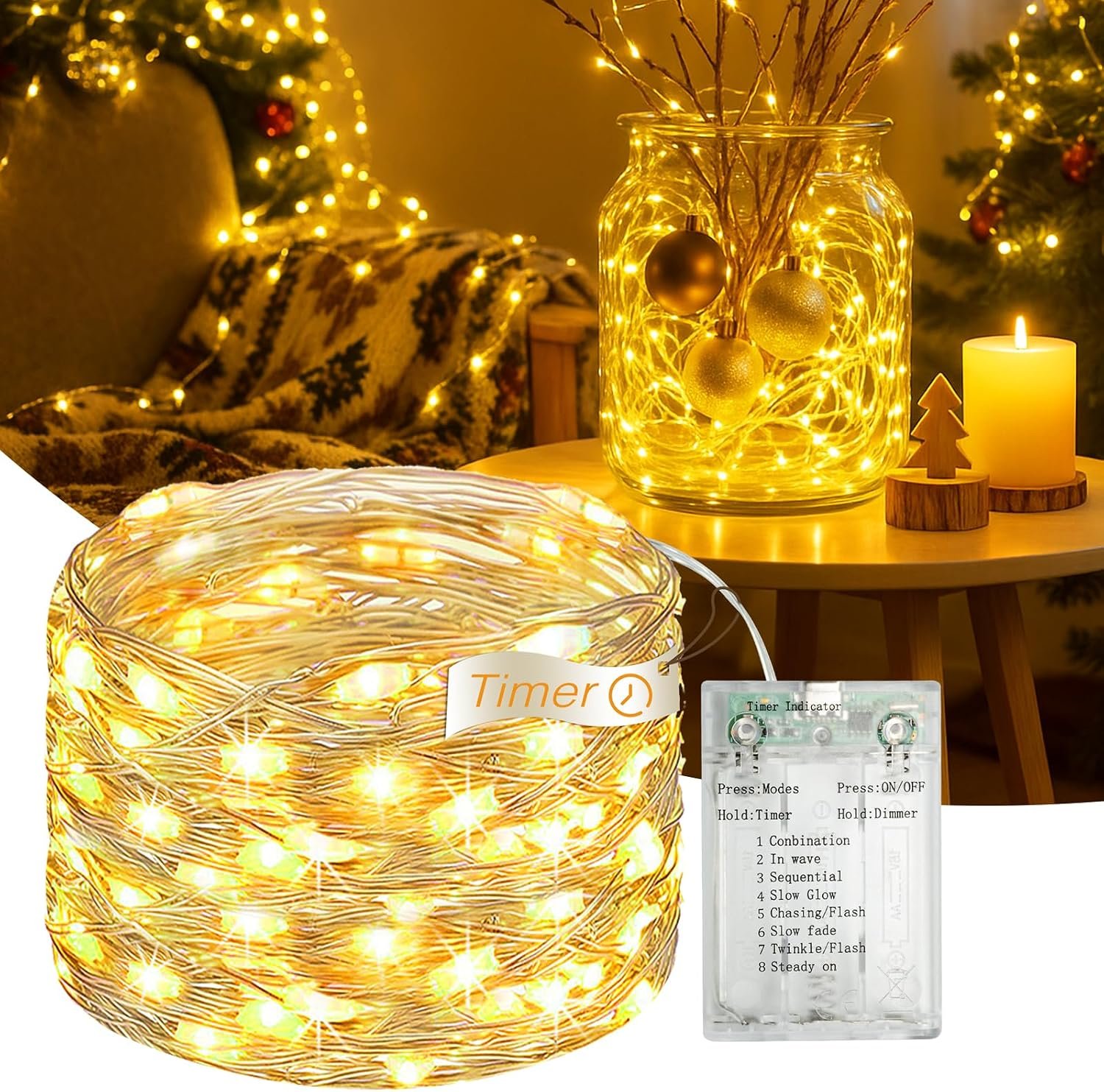 16FT 50 LED Fairy Lights Battery Operated with Timer, Warm White
