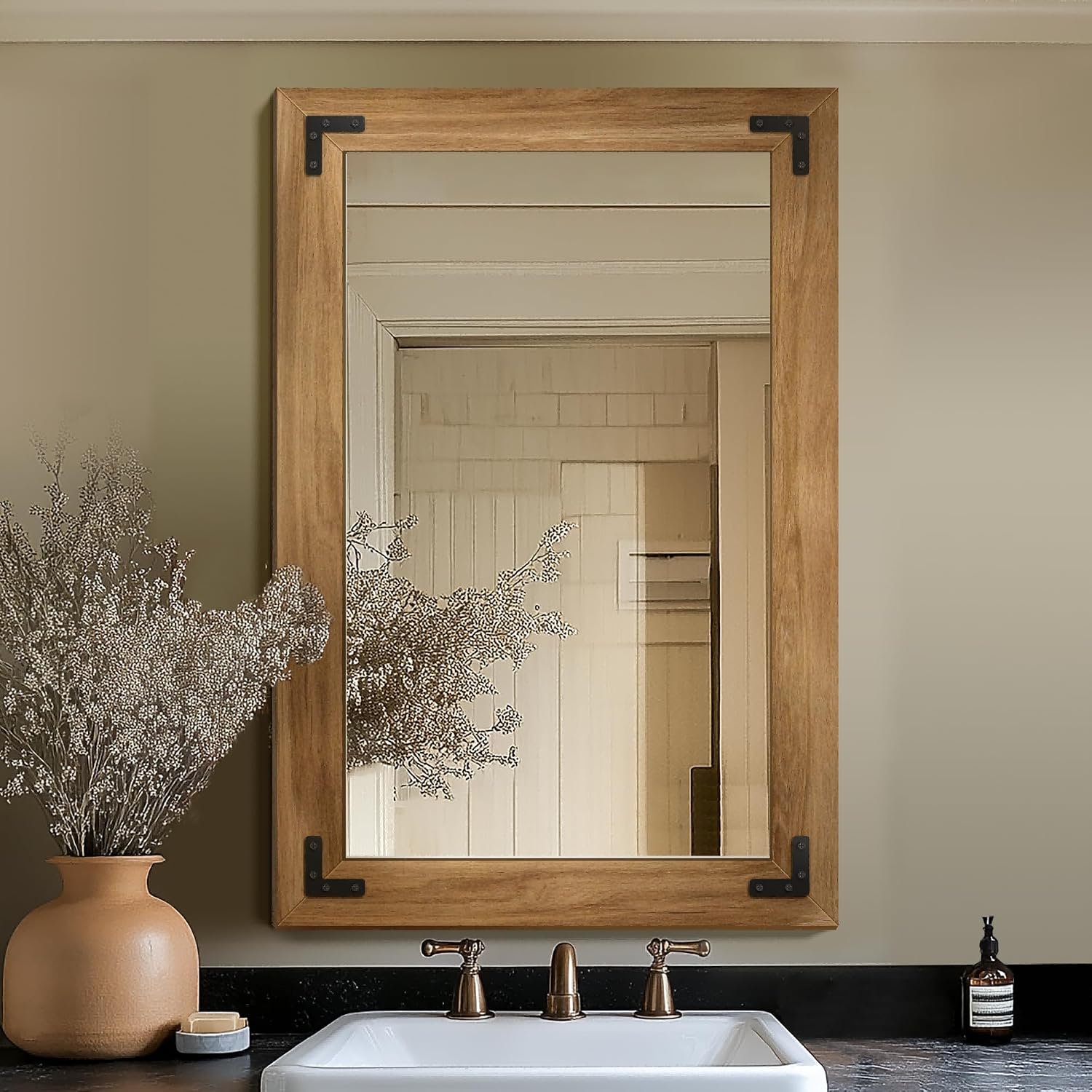 Wood Framed Bathroom Vanity Mirror for Wall, 24″x36″ Farmhouse Mirror