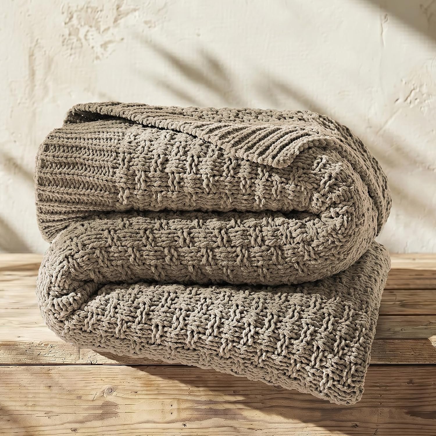 EVERGRACEHOME Chunky Chenille Knit Throw Blanket, Hearth Taupe, 50″ x 60″