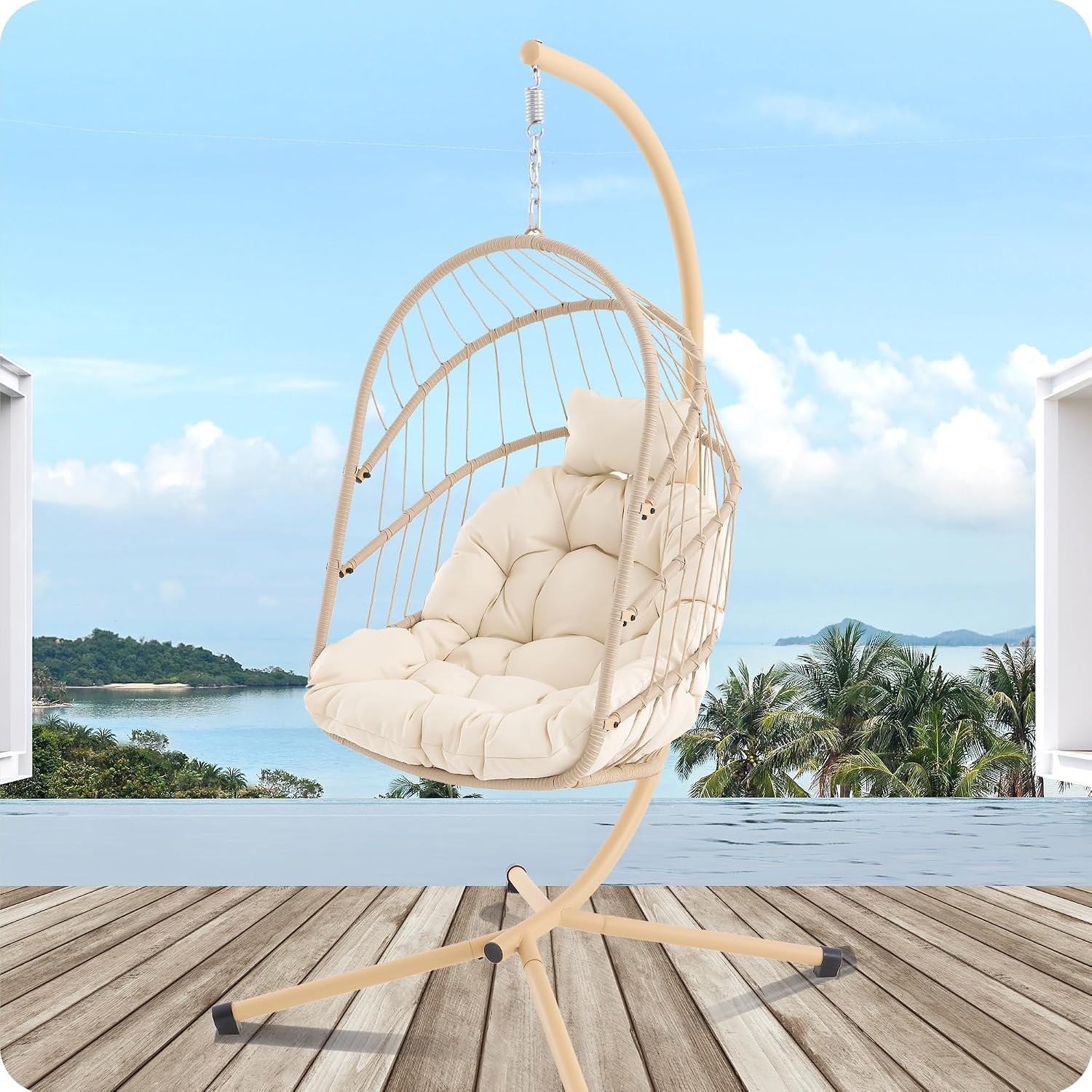 Hanging Egg Chair with Stand, Foldable Swing Egg Chair (Beige)