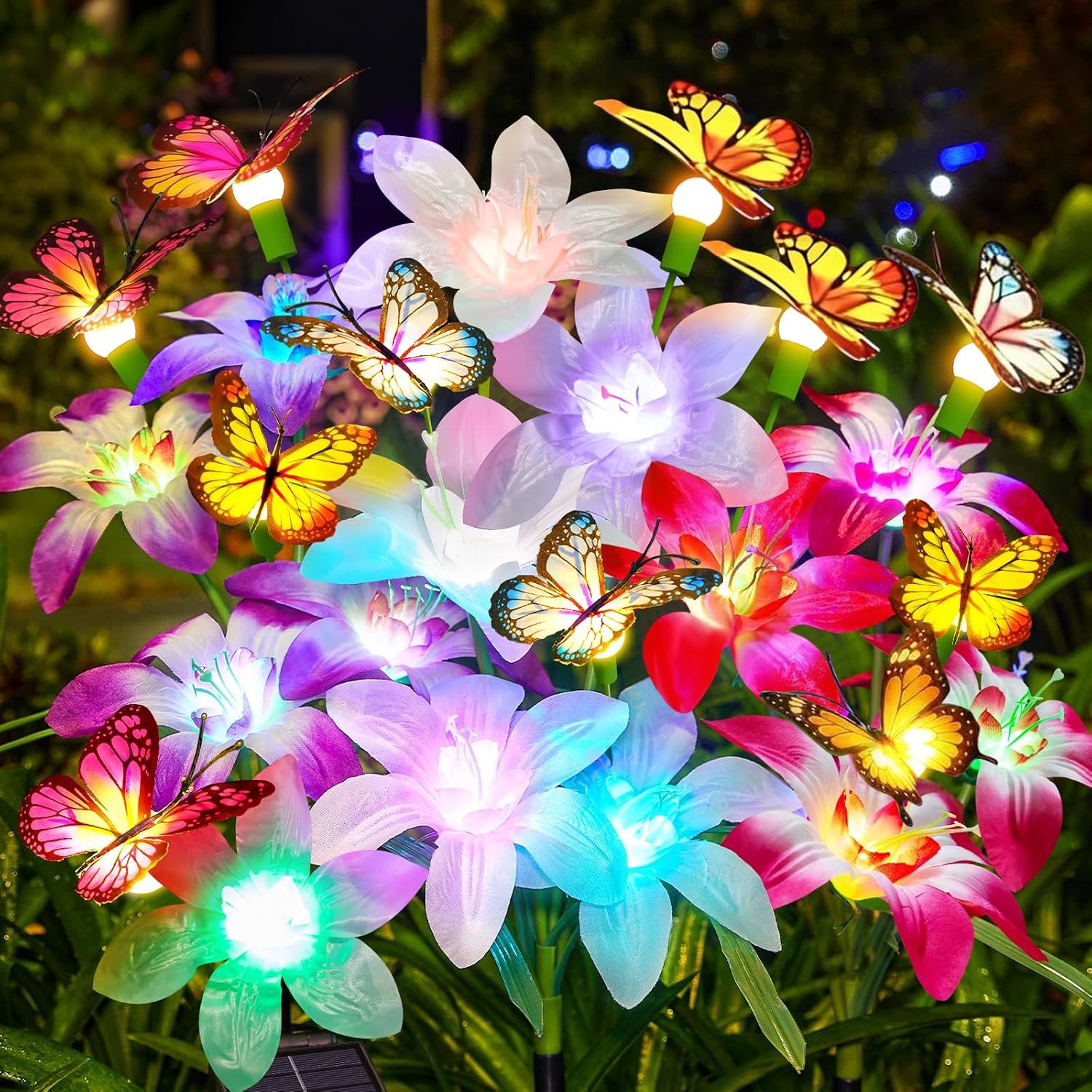 Garpar Solar Flower Lights Outdoor 4 Pack, 16 Lilies and 12 Butterflies