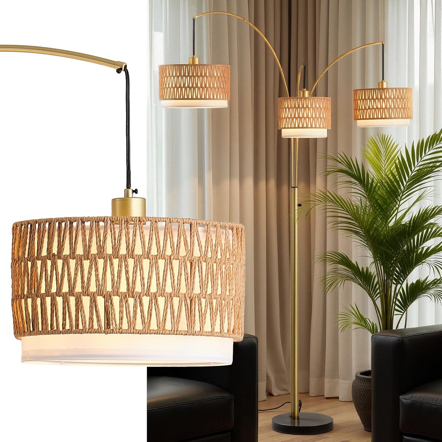80” Brushed Gold Rattan Arc Floor Lamp for Living Room, 3-Light Boho Lamp