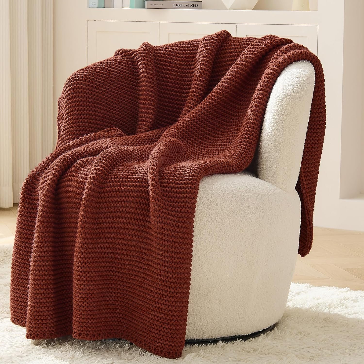 Rust Throw Blanket, Garter Knit, 50″ x 60″, Rustic Brick Red