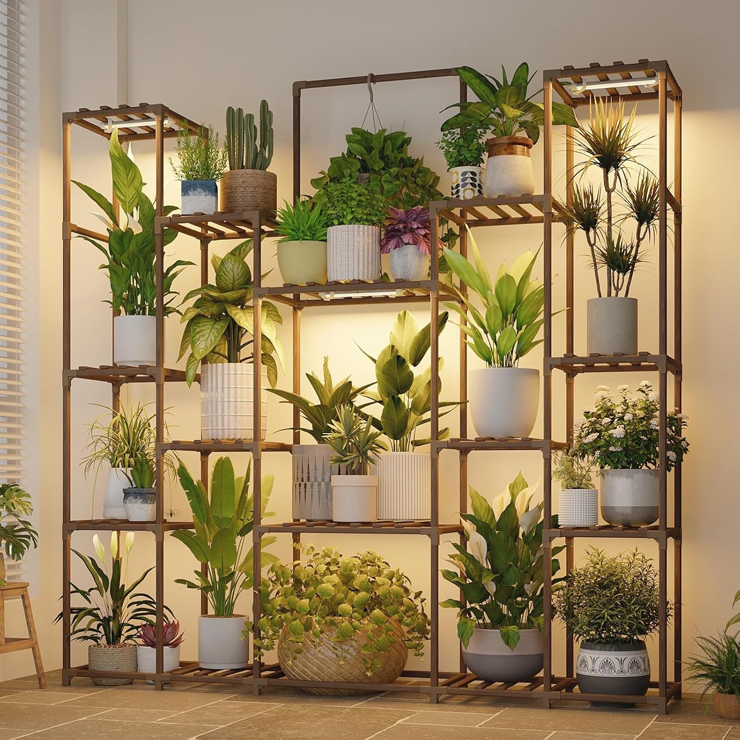 Bamworld Plant Stand with Grow Lights Large Plant Shelf Indoor Hanging Plants