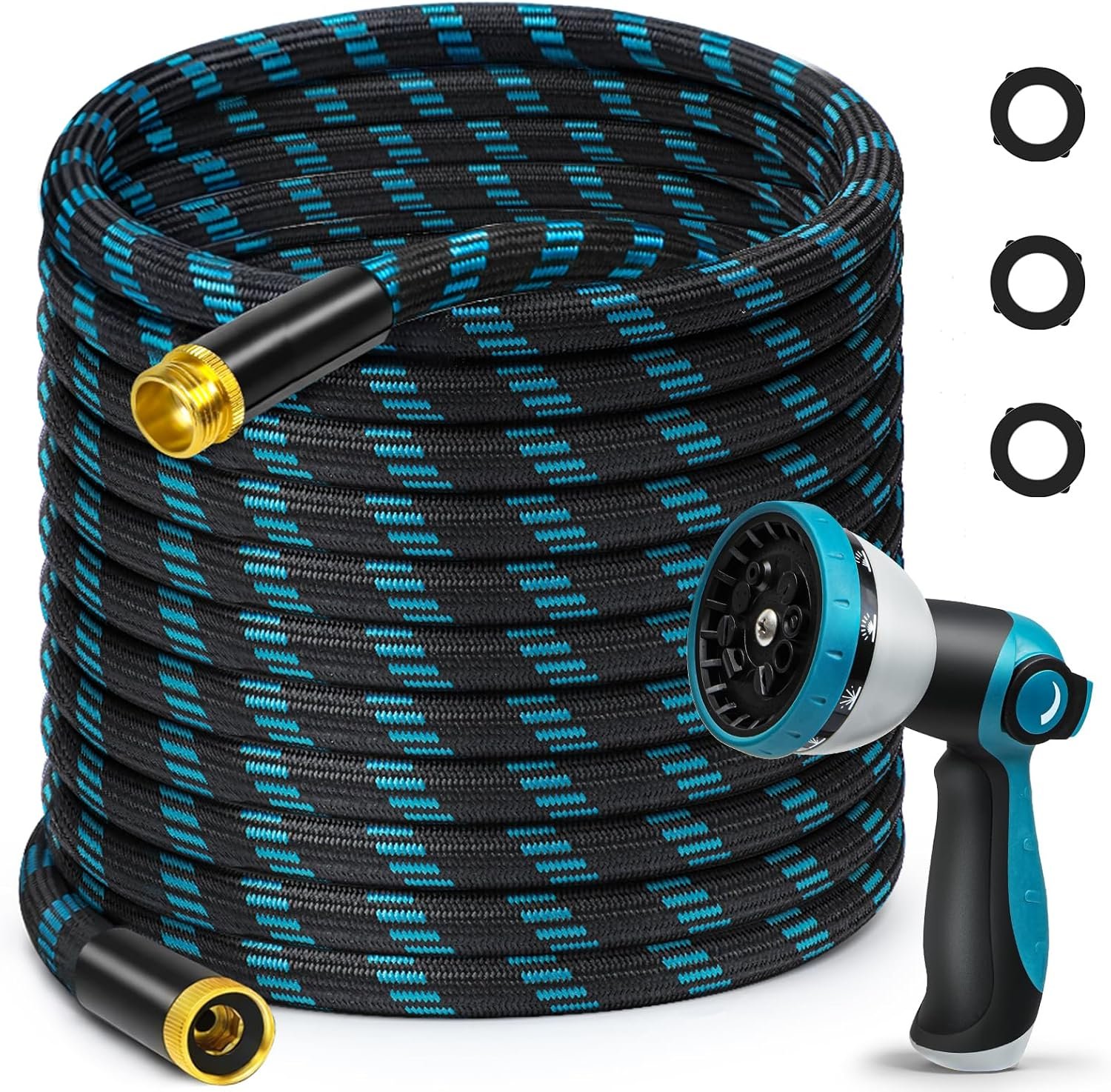 25 FTGarden Hose, Non-Expandable Flexible Fabric Water Hose with 10-Function Spray Nozzle, Kink-Free & Lightweight Yard Hose with 3/4″ Solid Brass Connectors for Lawn, Outdoor, RV & Marine Use