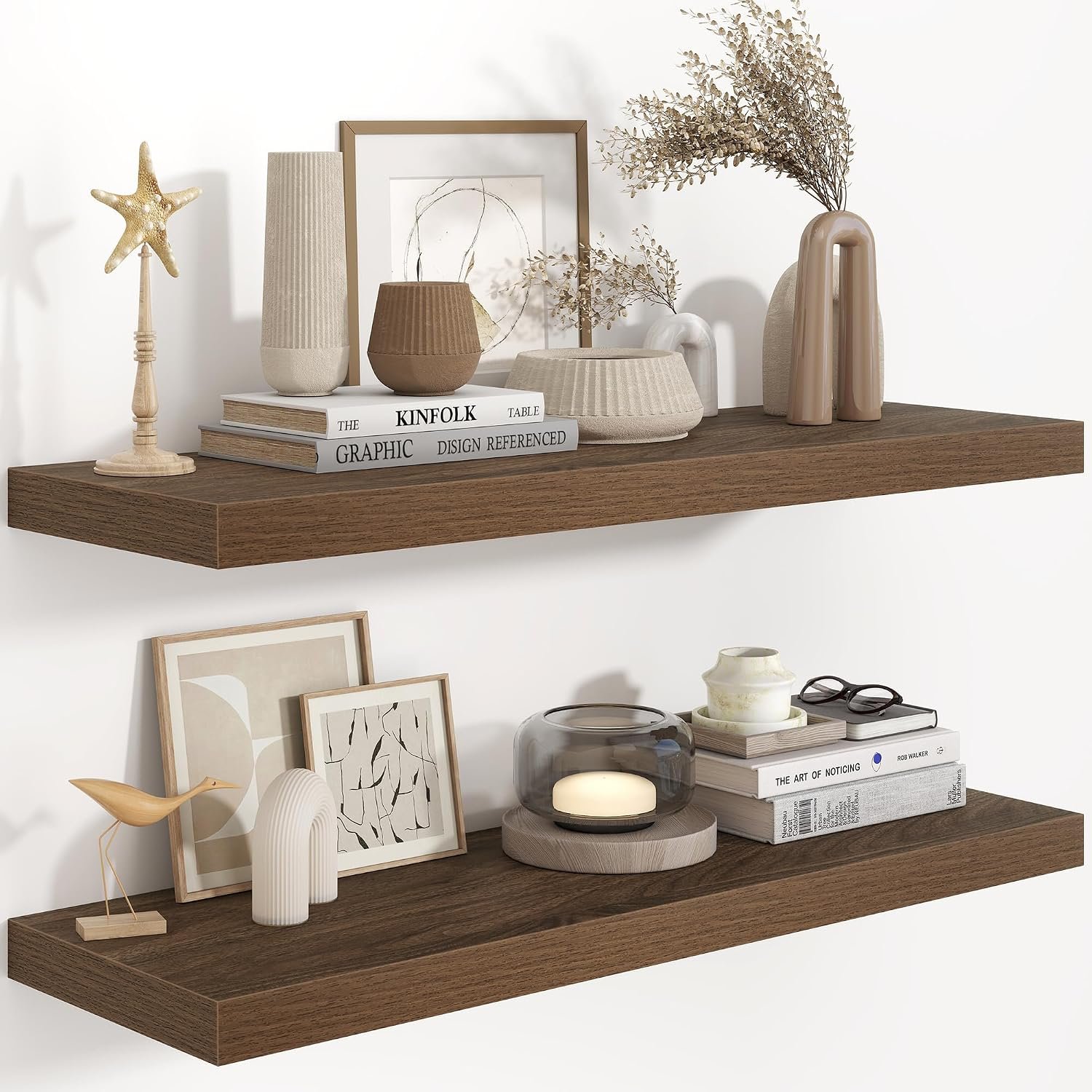36 Inch Long Floating Shelves for Wall, 9.3 Inch Deep Floating Shelf with Heavy-Duty Bracket, 2 Pack Long Shelves for Bathroom, Living Room, Bedroom, Wall Mounted Storage Shelf for Books Decor, Walnut