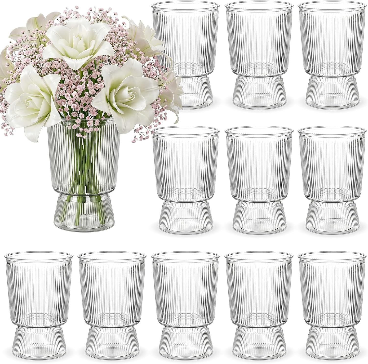 Kenaoeoe 12 Pack Clear Plastic Vases for Flowers 6.6″ Tall Ribbed Fluted Flower Vases for Centerpieces Modern Hydroponic Plant Vase with Base for Table Home Decor Office Wedding Party