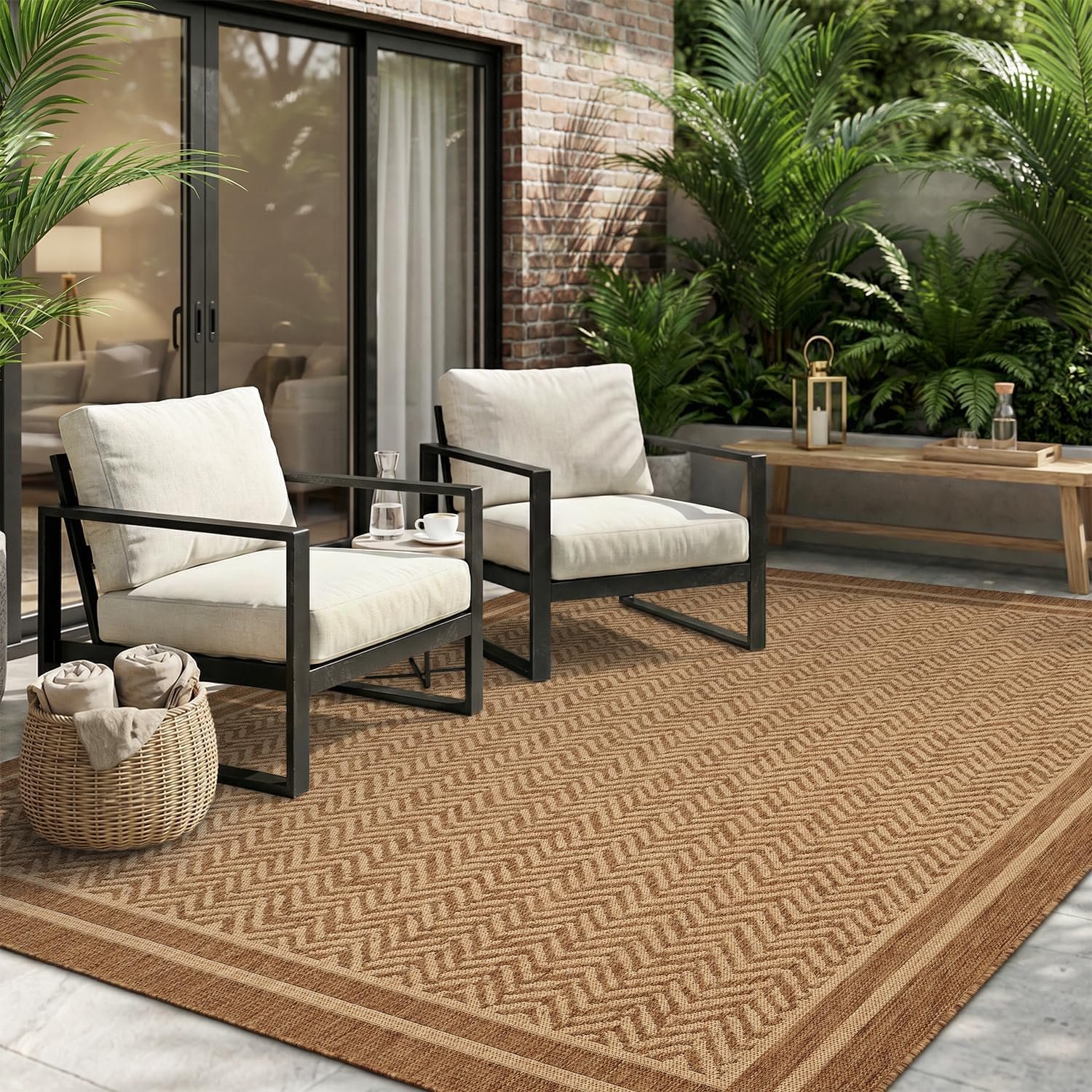 MontVoo-Outdoor Rug-Patio Rug 5×7 Polypropylene Indoor Outdoor Rugs Outdoor Carpet for Patio Deck Balcony Porch, Textured Weave, Durable for High Traffic, Fade-Resistant, Boho Farmhouse Neutral Brown