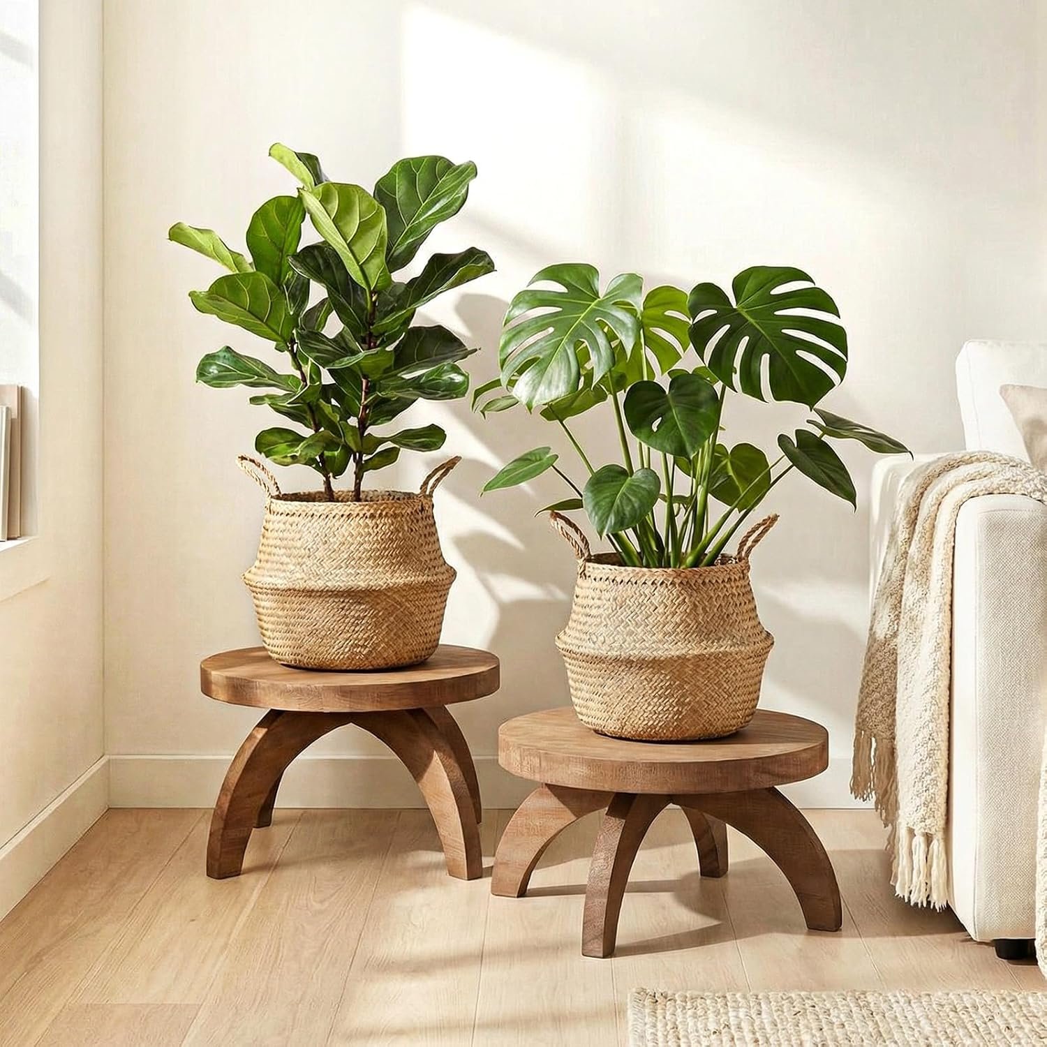 Novabright 2 Pcs Short Plant Stand Small Wood Plant Stool, Rustic Color