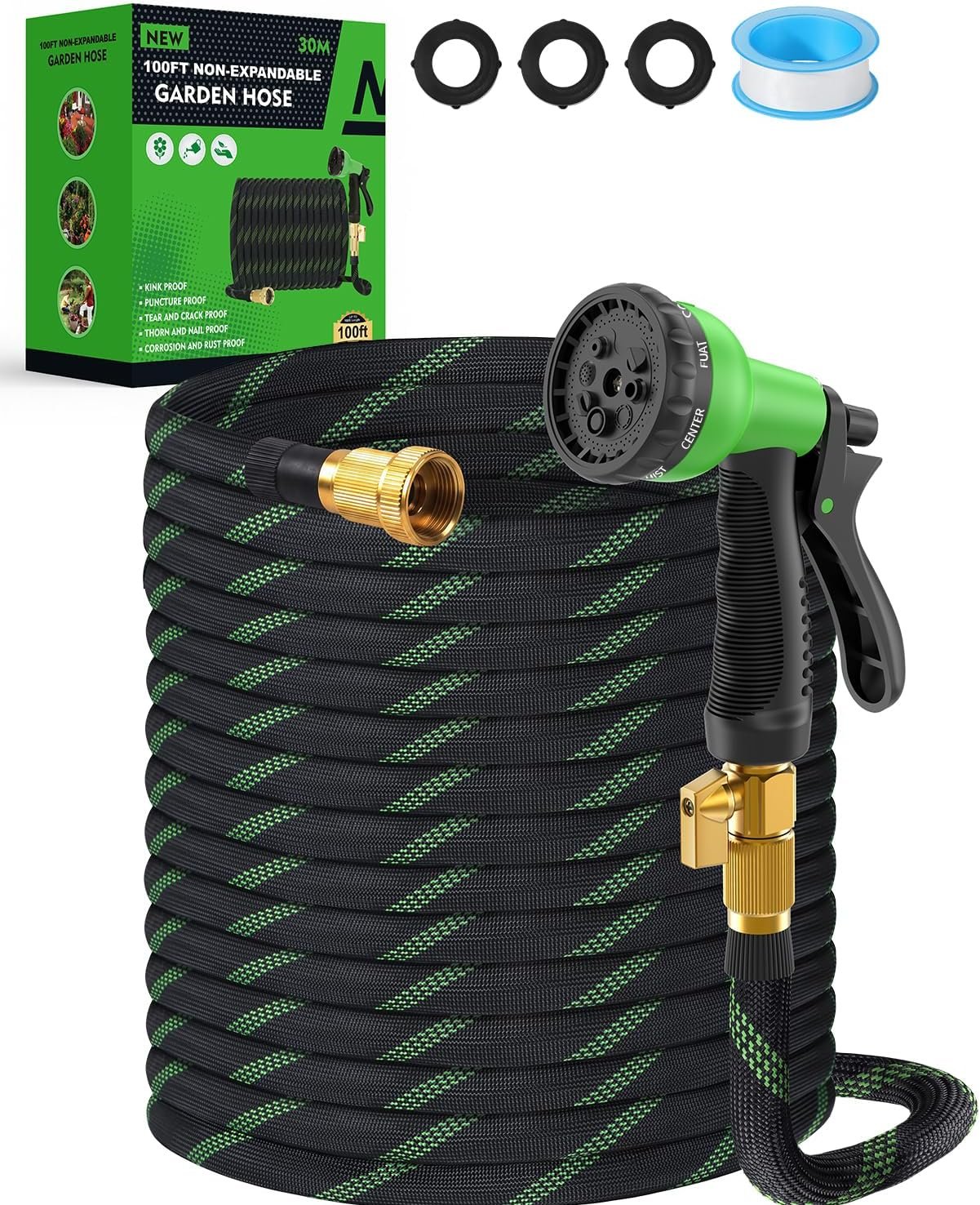 100ft Garden Hose，Non-Expandable Water Hose with 8 Function Spray Nozzle, Burst-Resistant，Kink-Free，Lightweight，Durable & Flexible 3/4″ Garden Hose for Gardening, Yard，Lawn, Car Washing