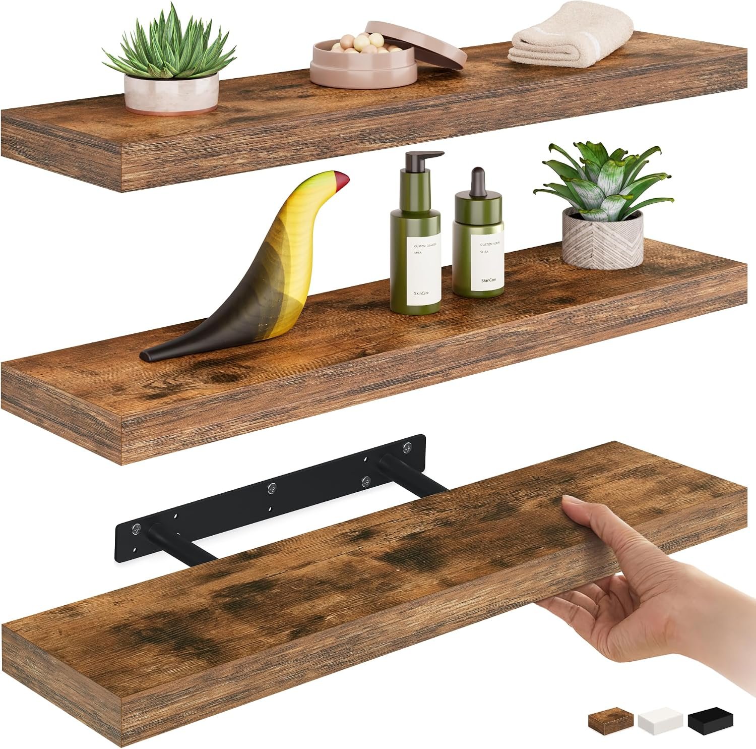 Ballucci Floating Shelves for Wall, 24″ Wood Shelf Set of 3, Invisible Brackets Floating Shelf for Wall Decor Living Room, Bathroom, Bedroom, Kitchen, 6″ Depth, Rustic Brown