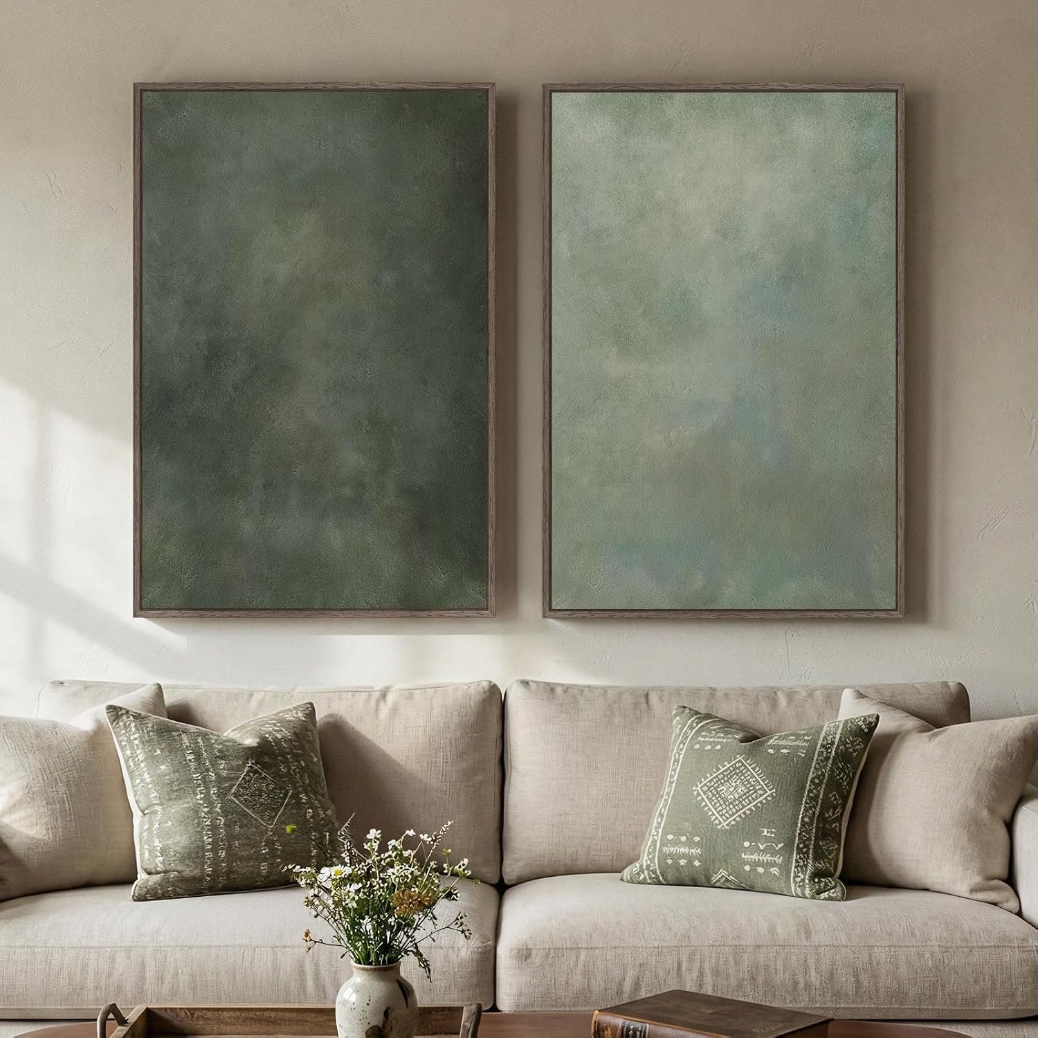 Large Framed Green Abstract Wall Art for Living Room Set of 2, 24×36 In