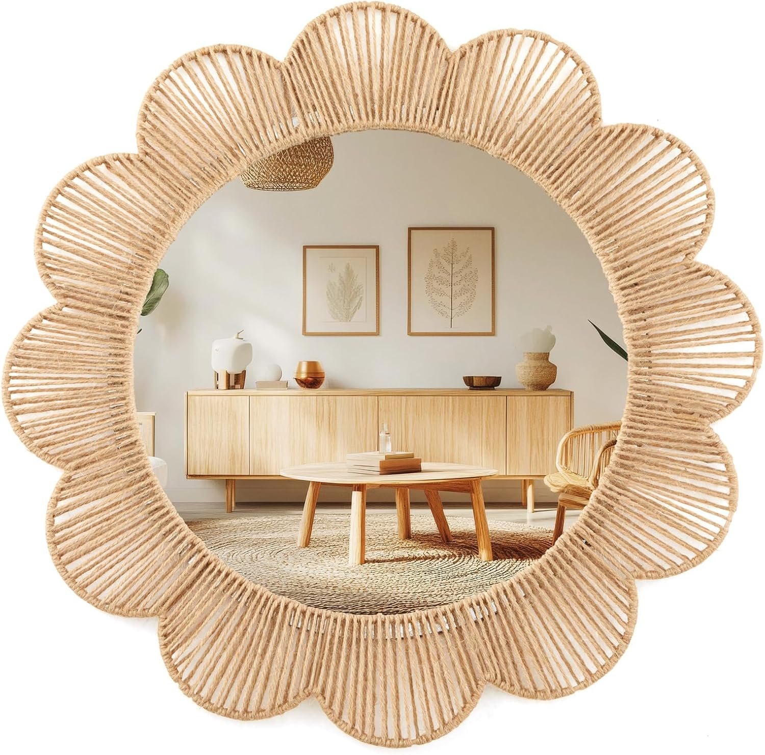 Sintuff Boho Scalloped Wall Mirror Decorative Flower Round Wavy Mirror with Frame Rustic Farmhouse Rattan Wicker Natural Wall Decor for Bathroom Bedroom Office (Jute,24 Inch,Scalloped)
