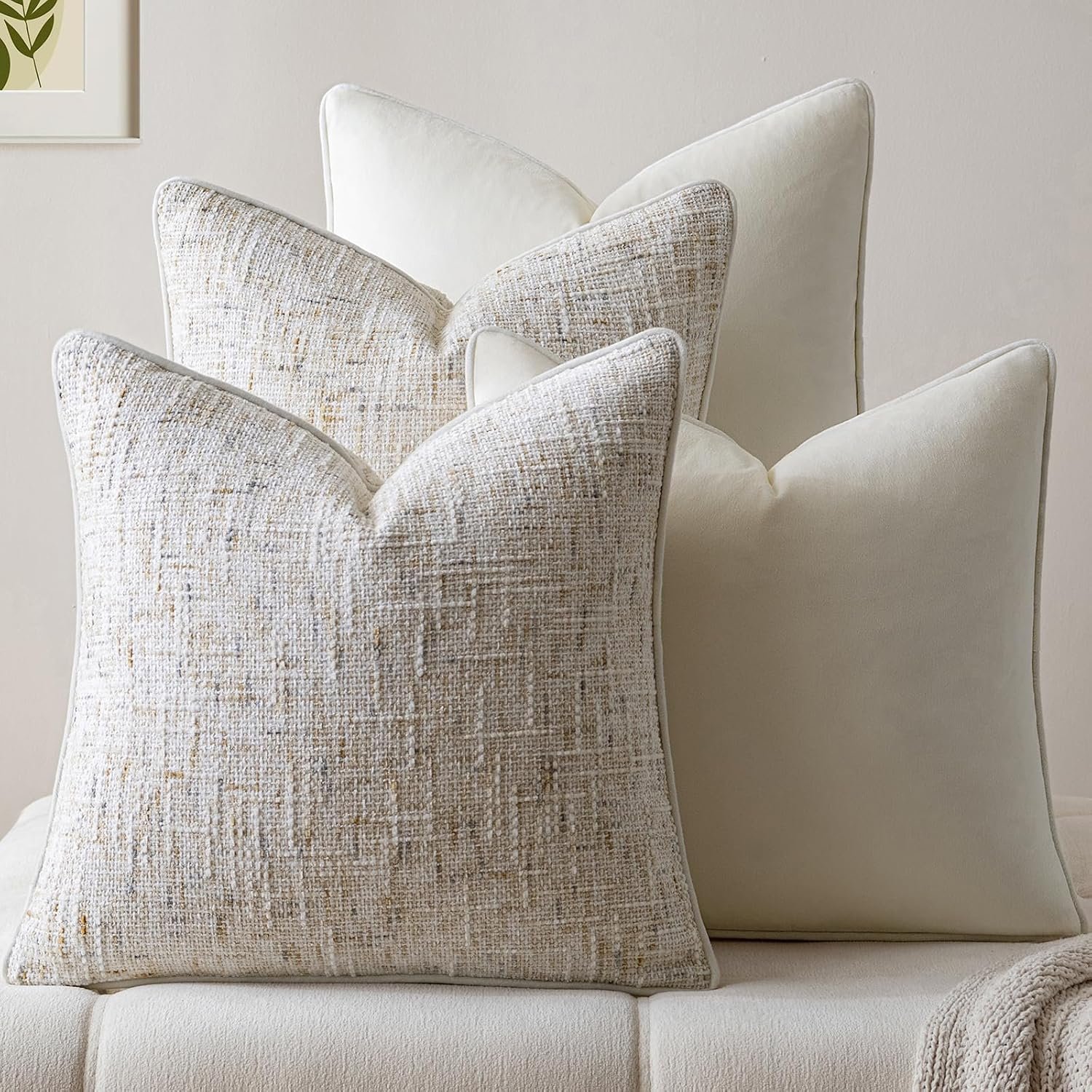 a moment Beige 4 Pack Throw Pillow Covers – Chenille & Velvet Set with Piping, Farmhouse Textured Design Cushion Cases for Couch Sofa Bed (20×20 Inch, No Insert)
