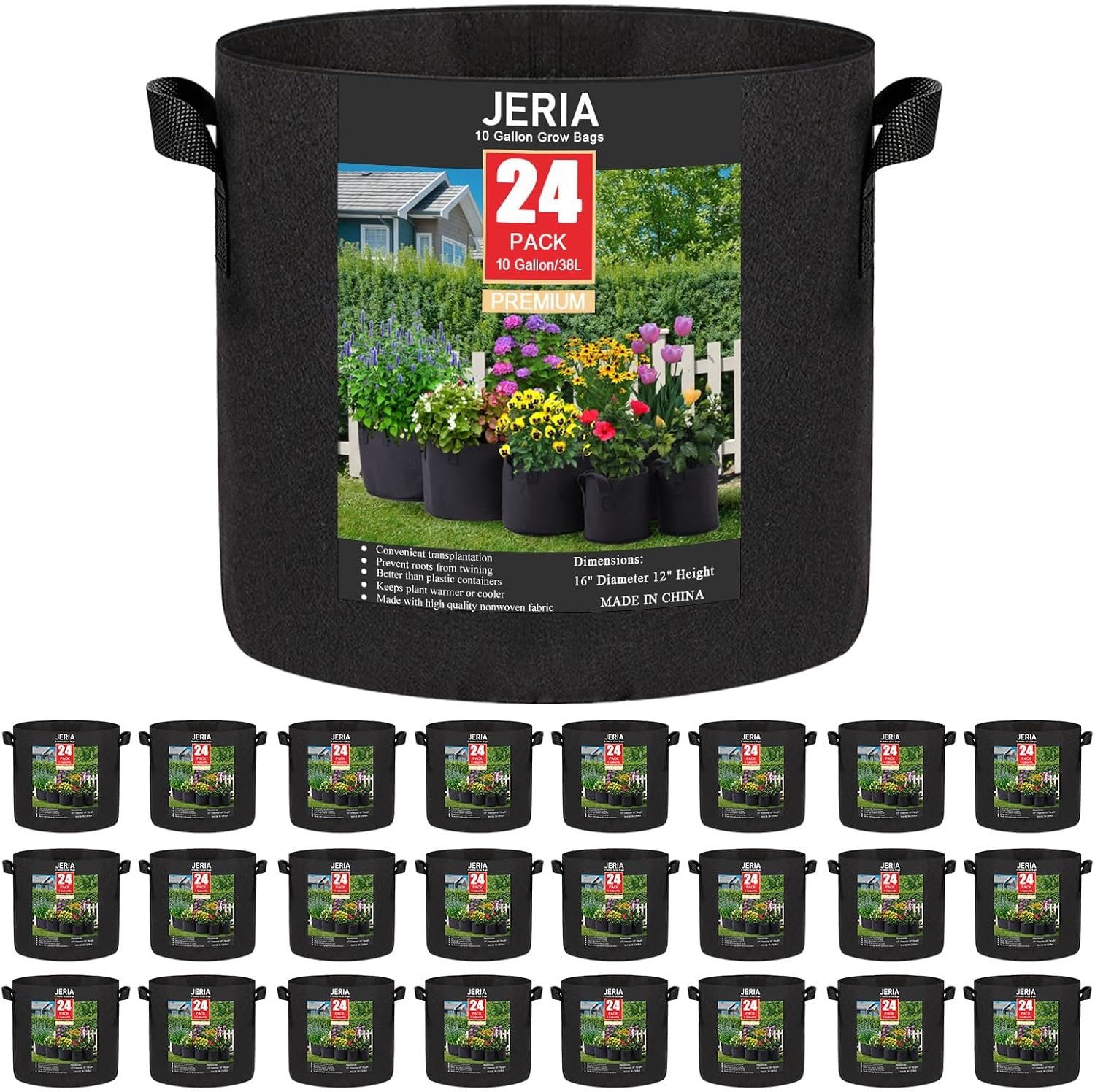 JERIA 24-Pack 10 Gallon Nonwoven Grow Bags, Plant Grow Bags，Heavy Duty Aeration Fabric Pots with Durable Handles