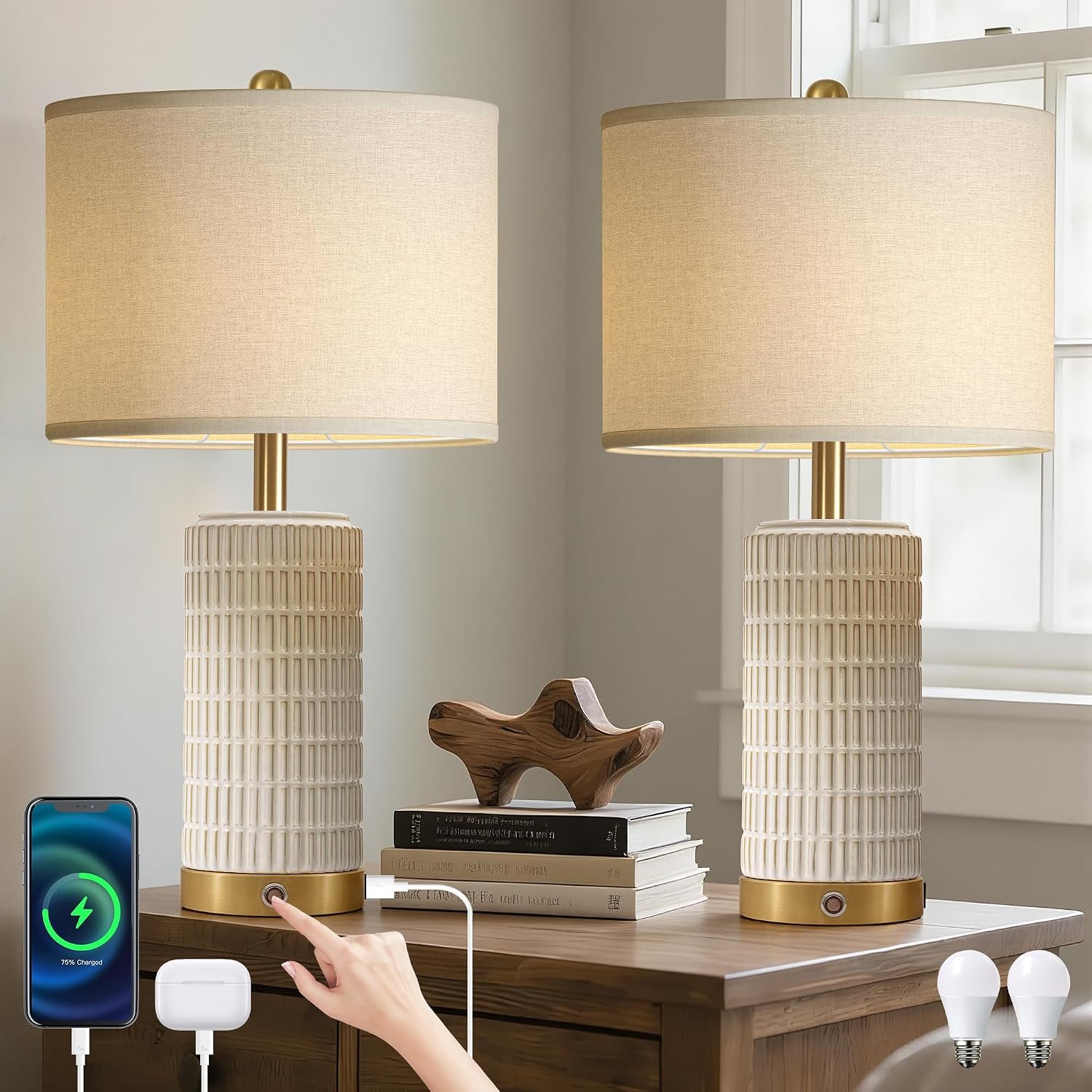 25″ Ceramic Touch Table Lamp Set of 2 for bedroom and Living Room White