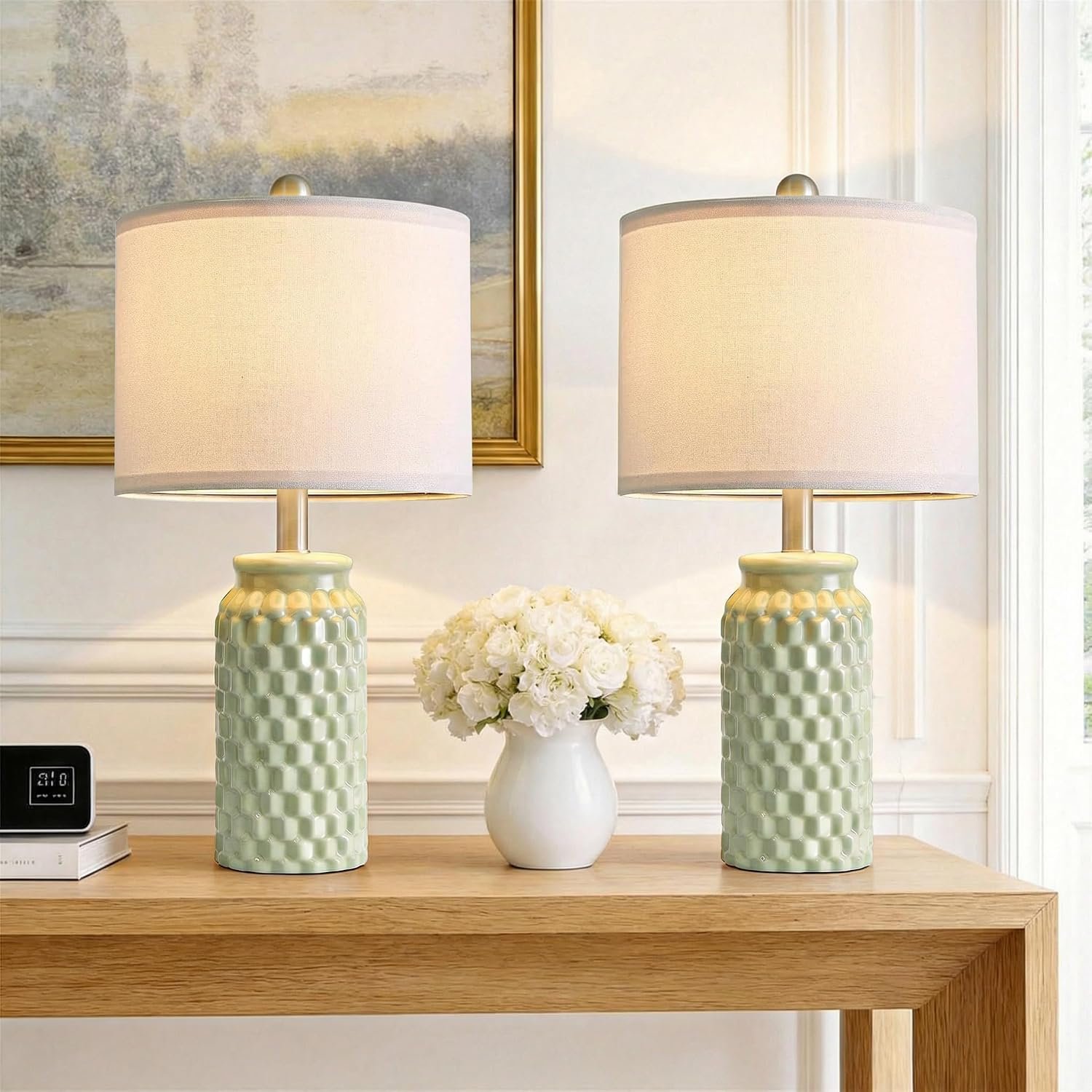 20.5″ Small Bedside Lamps Set of 2, Green Ceramic Nightstand Lamp