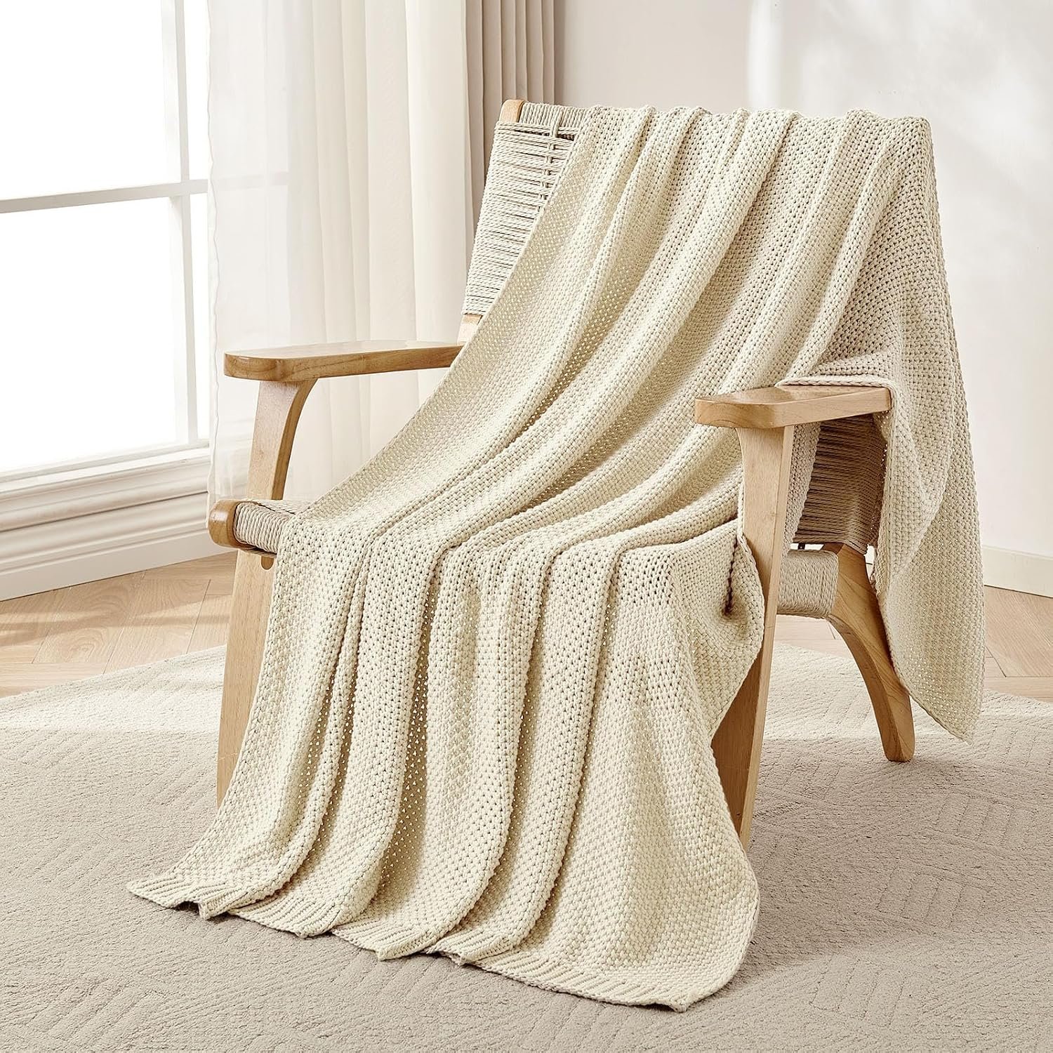 Joydeco Chunky Cable Knit Throw Blanket, Lightweight 100% Cotton Soft Cozy Throw Twin Blanket for Couch Bed and Sofa, Rustic Breathable Farmhouse Blanket Gift for Women Men(Cream White, 51″x63″)