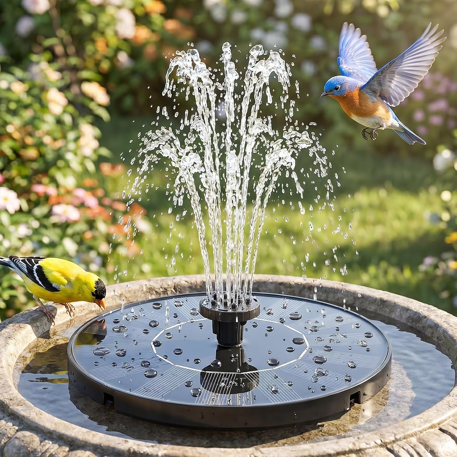 Solar Bird Bath Fountain Pump, 6.3 Inch Upgraded Floating Solar Powered Water Pump with 7 Nozzles, for Garden, Pond, Pool, Outdoor, Black