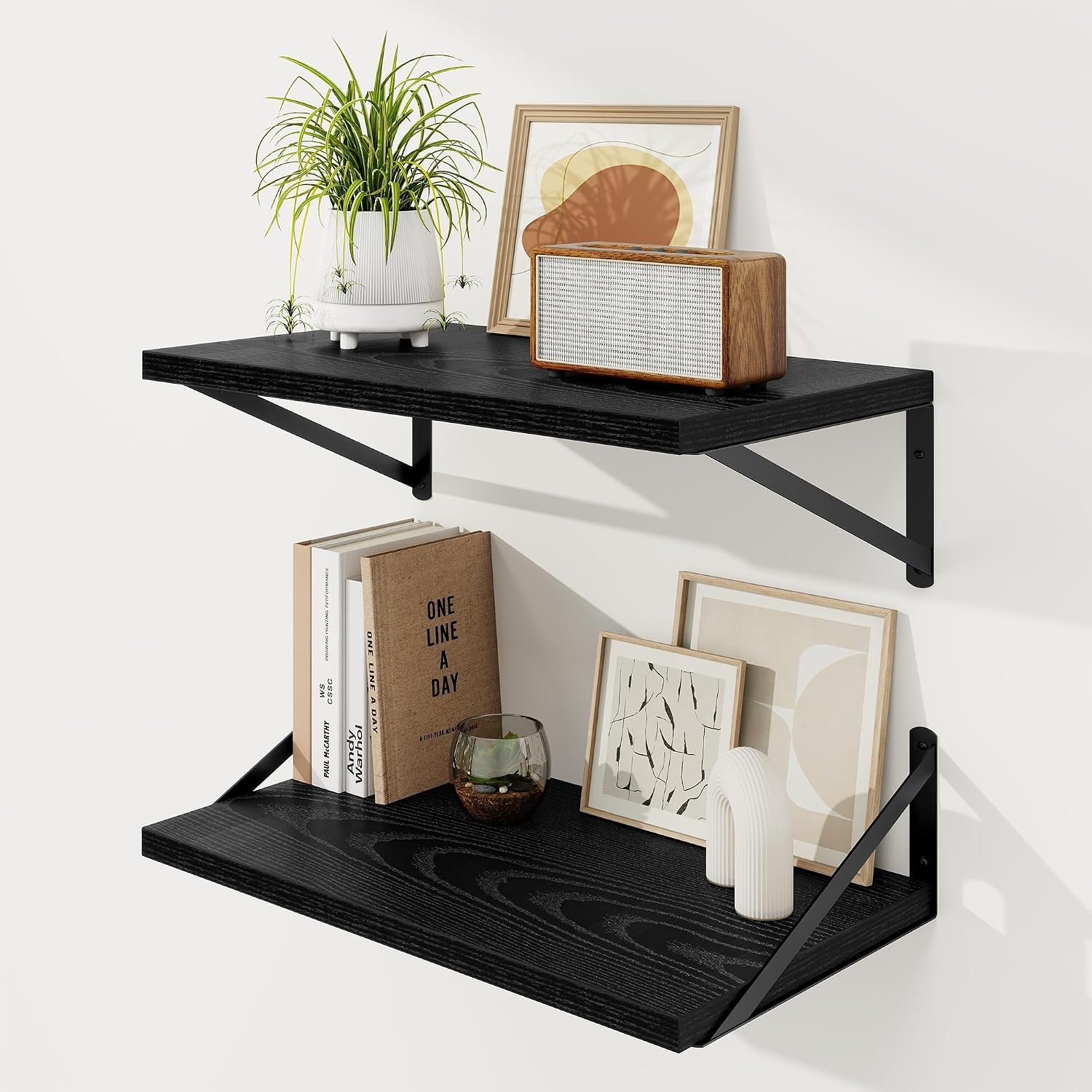 Floating Shelves 12 Inch Deep, 16W x 12D Wall Shelf Set of 2, 35 lbs Heavy Duty Reversible Metal Brackets, Deep Industrial Book Shelf for Living Room Kitchen Bath Bedroom Coffee Bar, Black