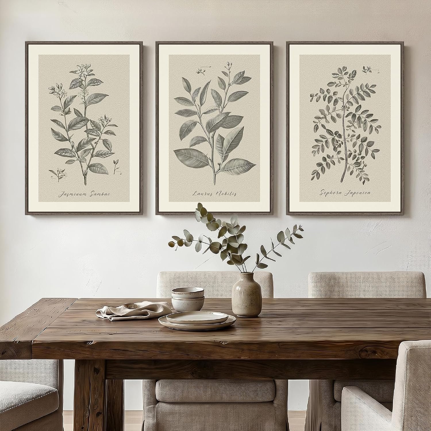Framed 3 Piece Neutral Vintage Botanical Wall Art for Dining Room, 16×24 In