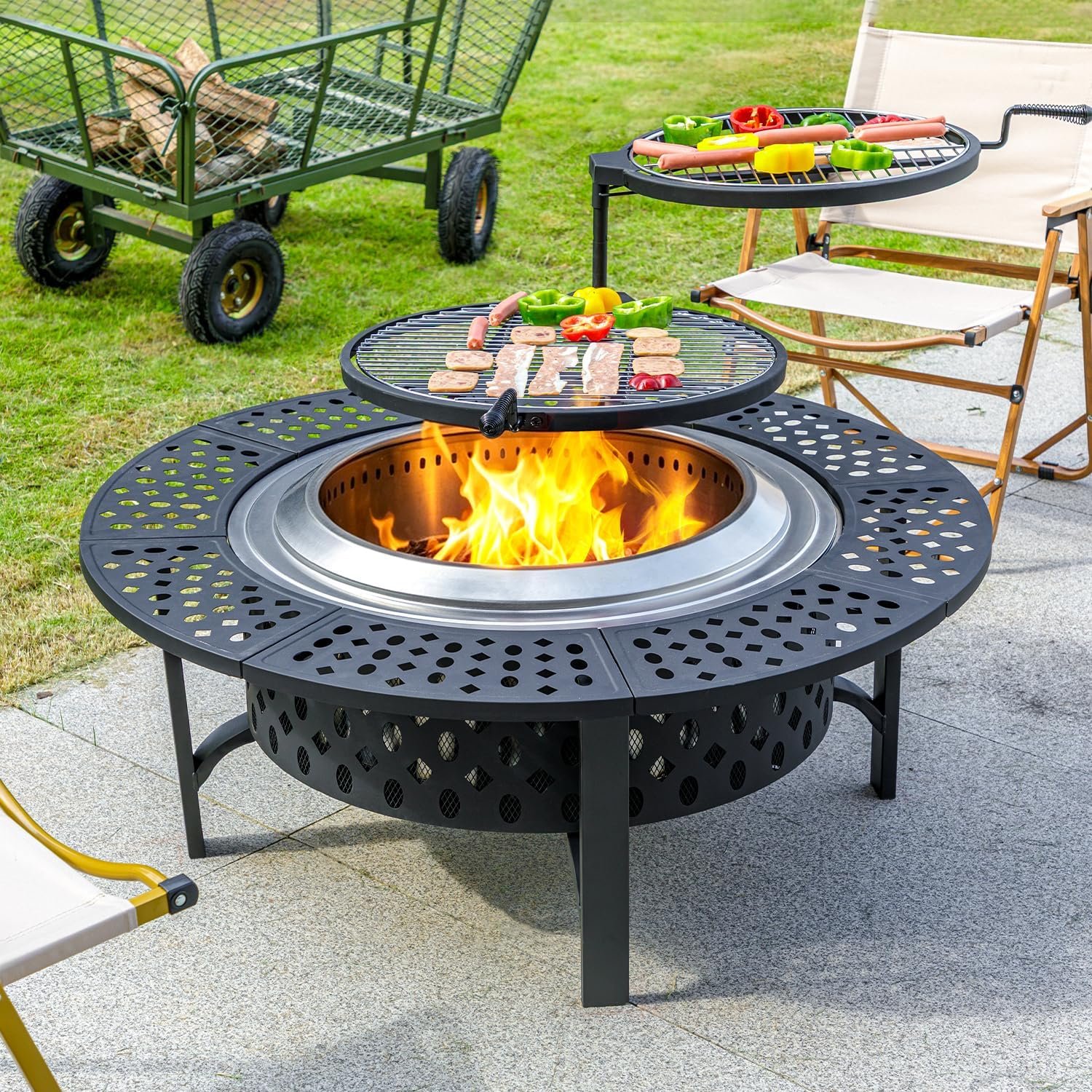 OutVue 47 Inch Smokeless Fire Pit with 2 Grills,Large Firepits for Outside