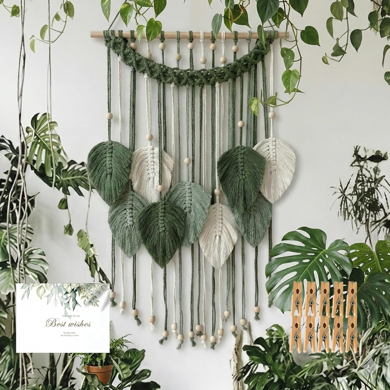 SunsprieJoy Macrame Wall Hanging, Boho Wall Decor Handmade Yarn Woven Leaf Tapestry, Modern Wall Art for Bedroom Nursery Kitchen Dining Room Bathroom, Home Decoration Gift for Women – Green
