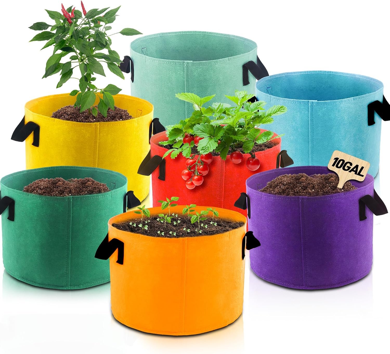 10-Gallon Fabric Grow Bag (7 Pack of Mix Colors) with Handles for Vegetable