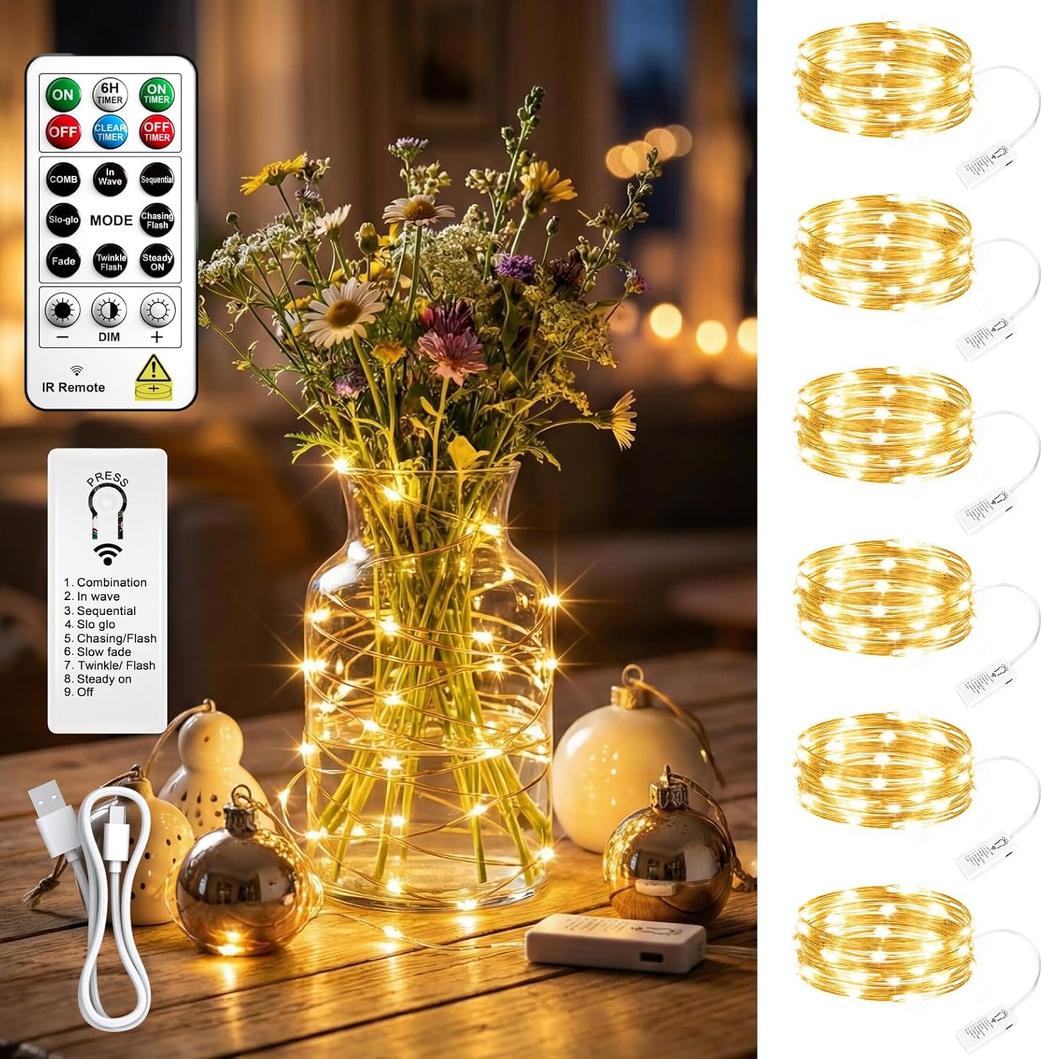 6 Pack Rechargeable Fairy Lights,7ft 20LEDs, Remote & DIY Timer