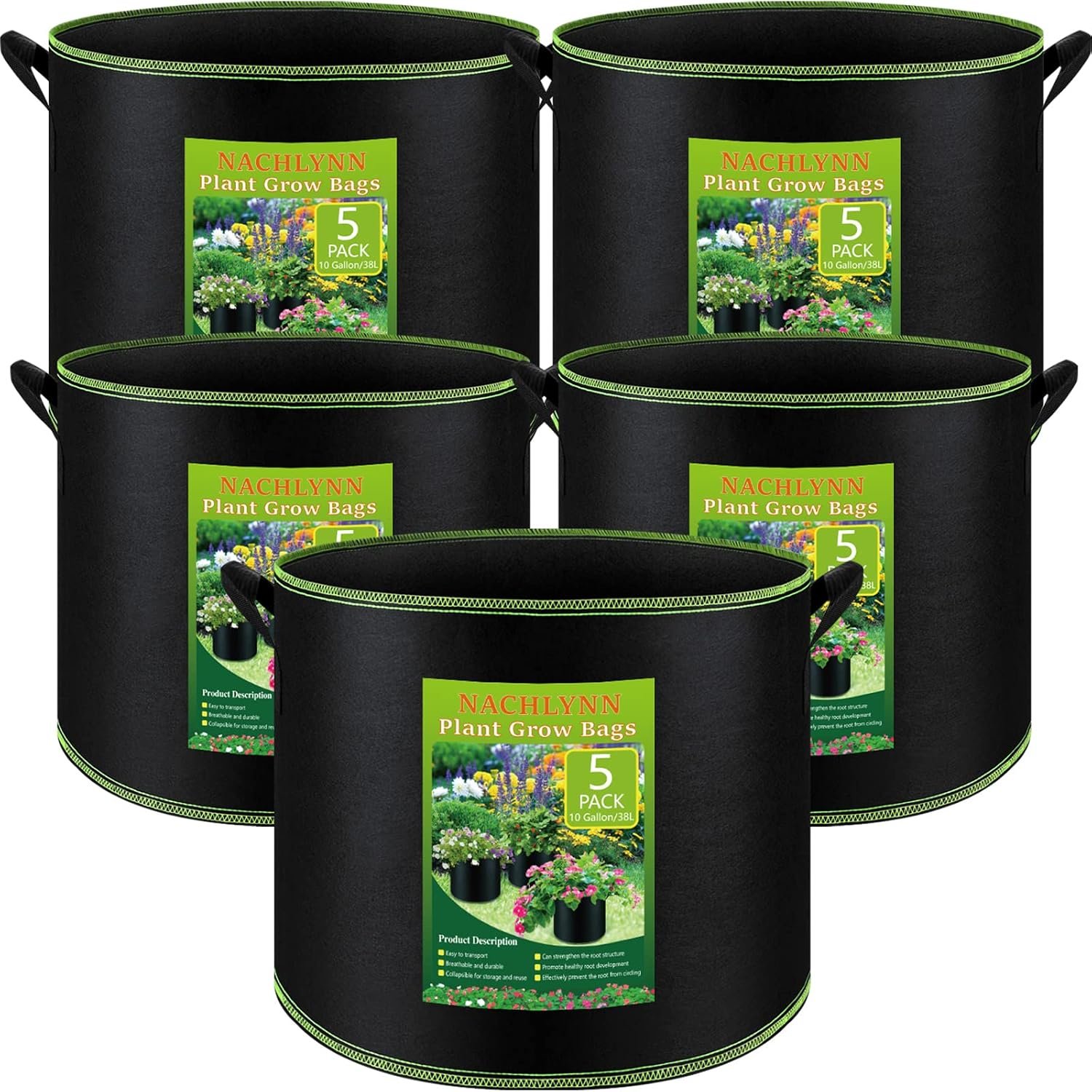 NACHLYNN 5-Pack 10 Gallon Grow Bags with Handles Thickened Nonwoven Fabric Pots Heavy Duty Aeration Fabric Pots Plant or Fruits Flowers Plant