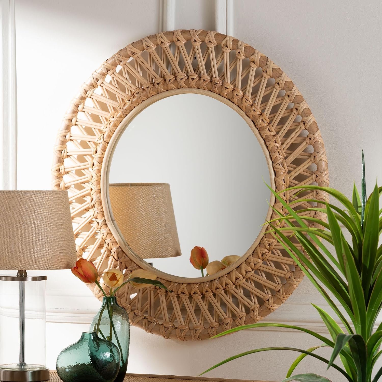 Bali & pari Burris Natural Rattan Wall Mirror – Handwoven Wicker Round Frame, Boho Coastal Accent Wall Decor for Entryway, Bedroom, or Living Room
