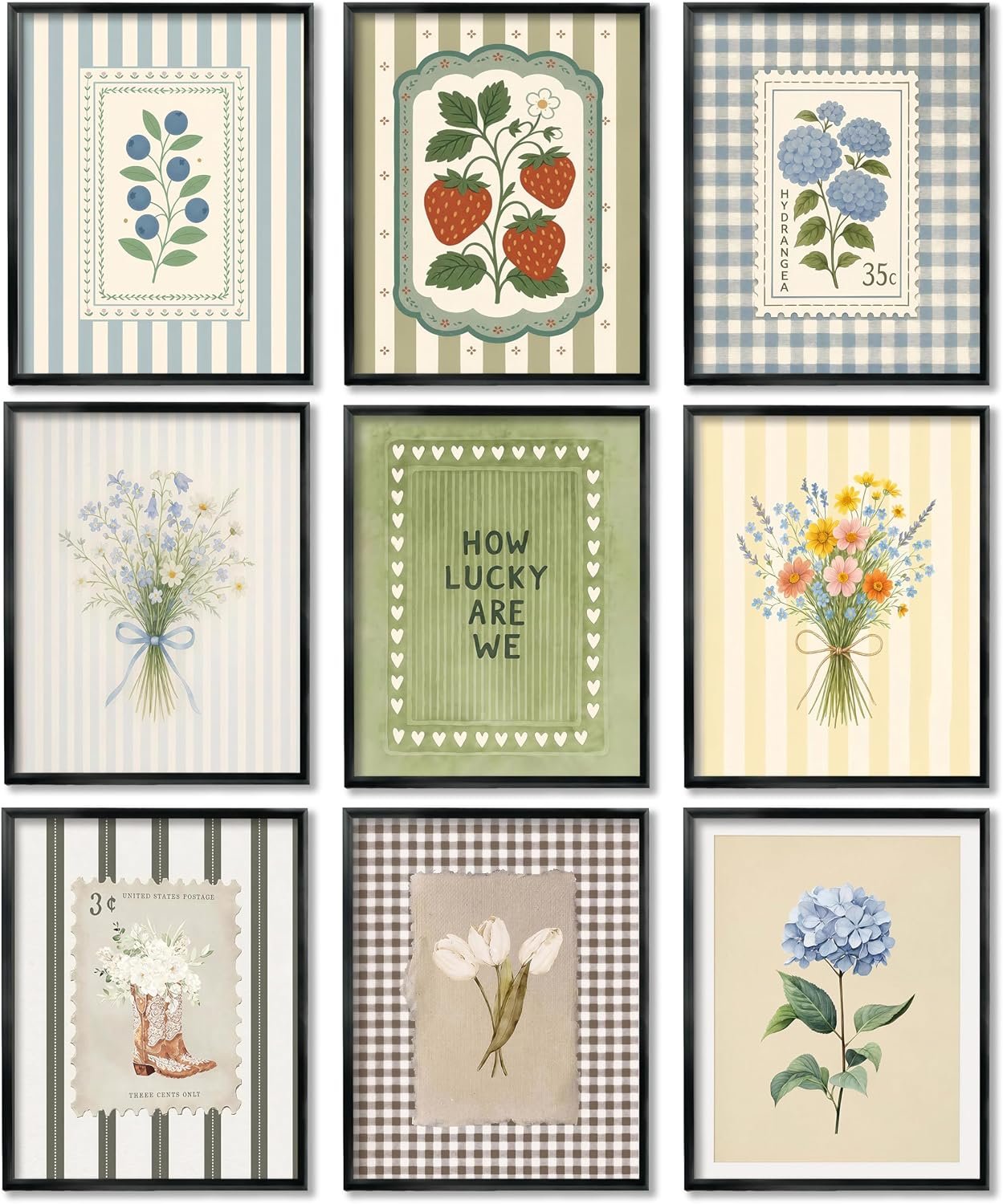 Vintage Floral Art Set of 9, Cottagecore Botanical Prints 8×10 Unframed
