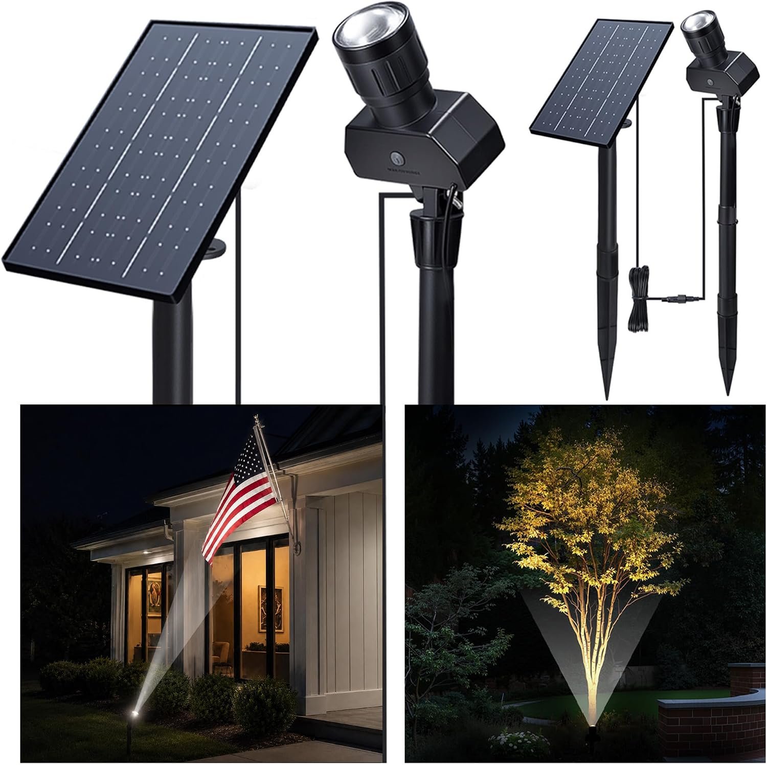 Solar Spot Lights Outdoor, Adjustable Beam Focus Uplights for Trees, Waterproof Separate Panel Bright Spotlight, LED Warm White & Daylight Selectable for House Exterior Flag 2 Pack