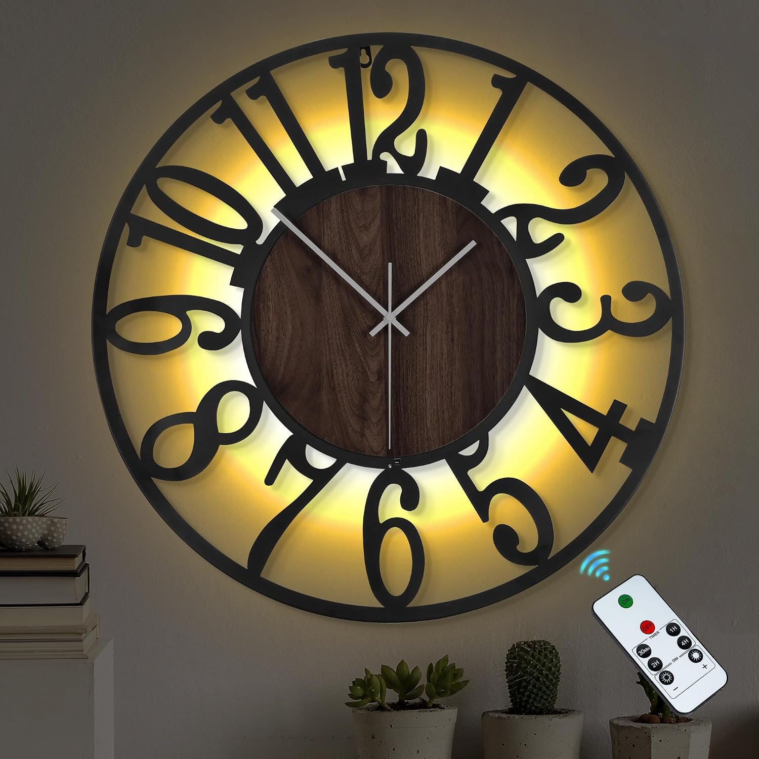 LEIKE Large Wall Clock 24” Lighted Rustic Wood Clock with Remote Timer, Silent Battery Operated Modern Oversized Wall Clock for Living Room, Bedroom, Farmhouse, Home Decor, Large Number Display