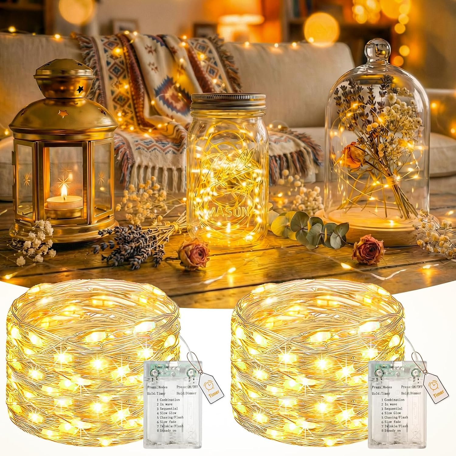 btfarm 2 Pack Fairy Lights Battery Operated, 16FT 50 LED Twinkle Lights