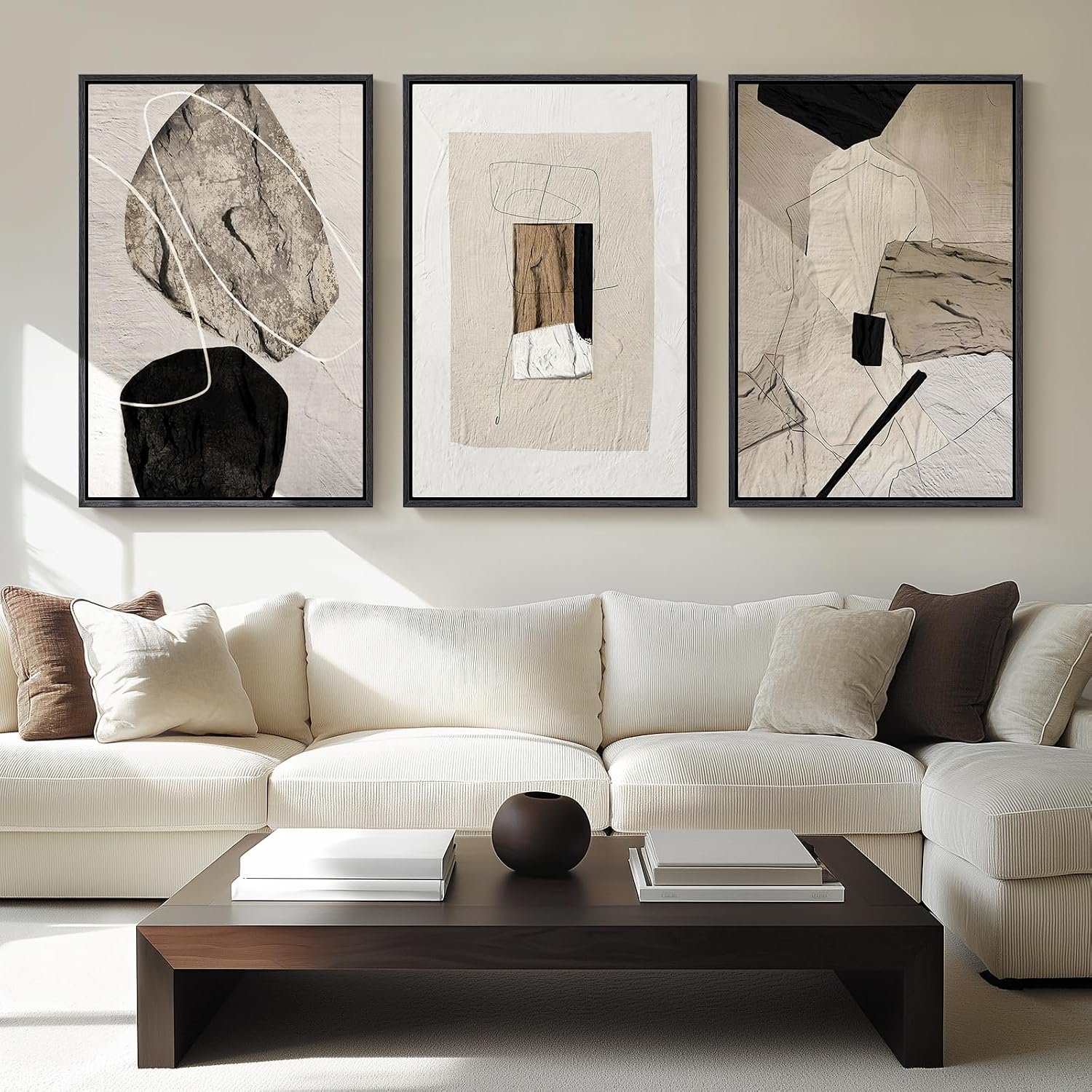 Large Framed Neutral Abstract Wall Art for Living Room,Set of 3, 24×36 In
