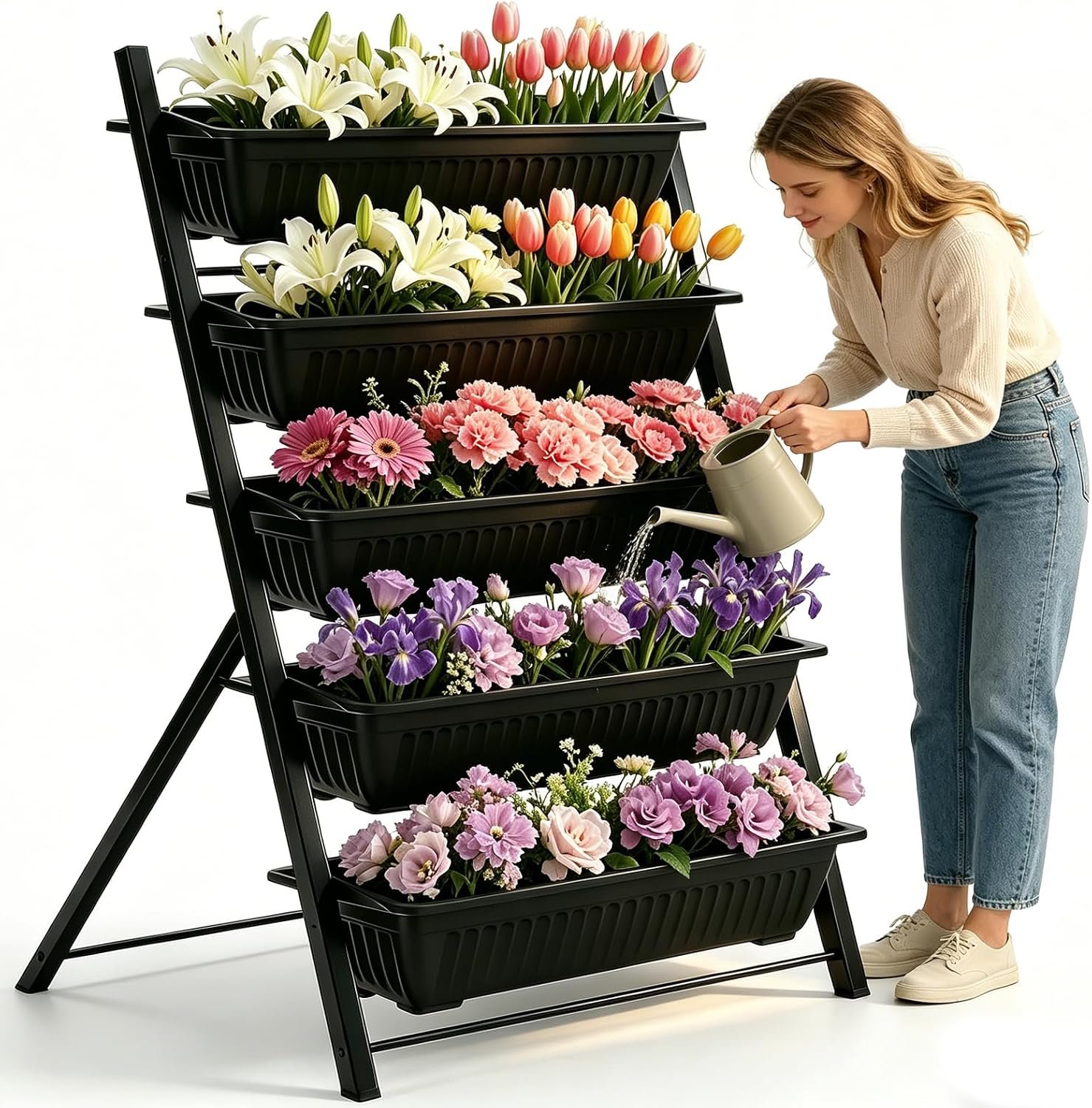 4FT Vertical Garden Bed, 5 Tiers Vertical Raised Garden Planter, 23.5 * 25.4 * 48.6Inch Outdoor Garden Raised Bed with Drainage System, Vegetable Flower Planter Raised Stand Elevated Planter Box