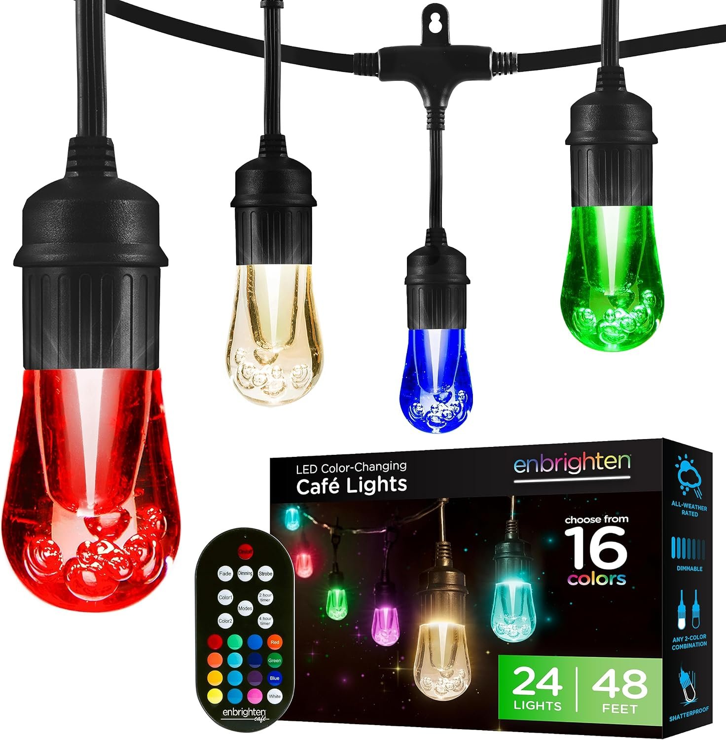 Enbrighten Vintage Outdoor String Lights, 48ft, 24 Bulbs, Remote Control