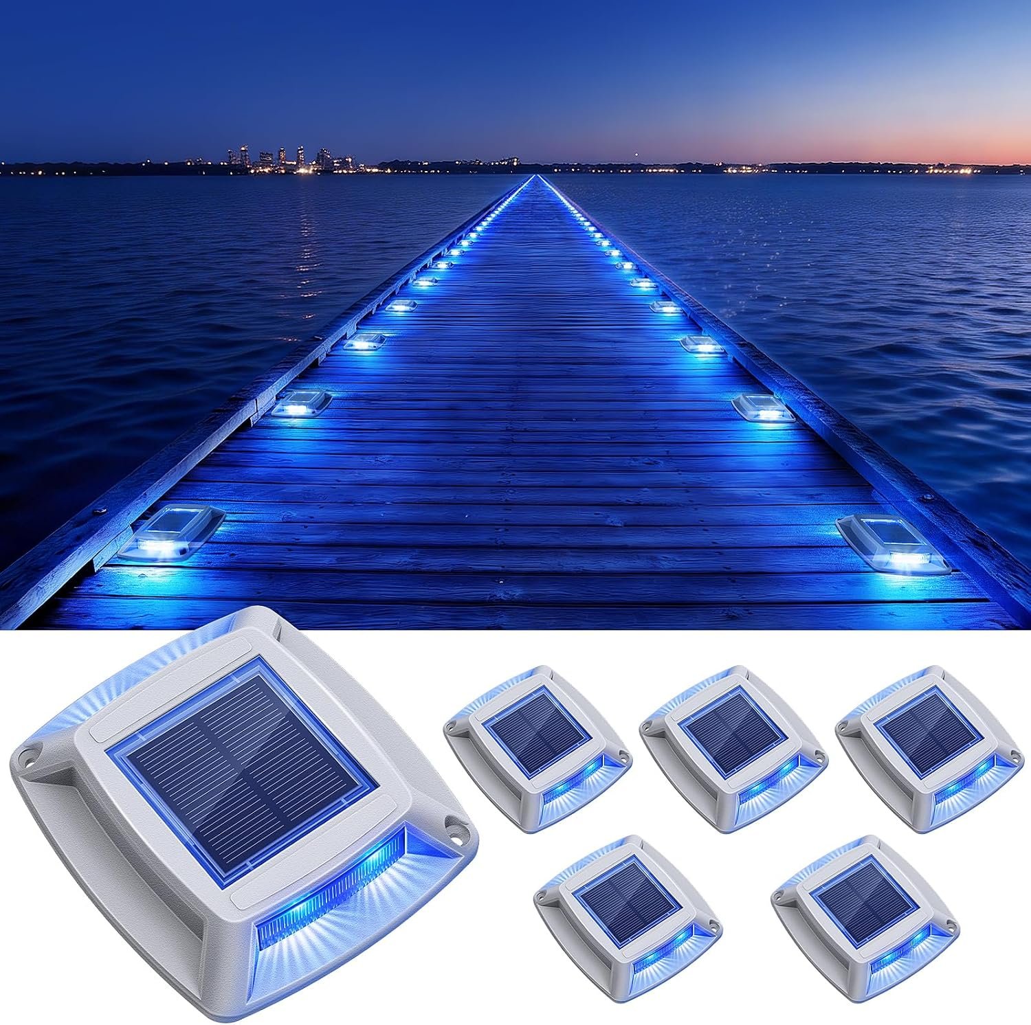 Solar Dock Lights Outdoor 6 Pack, IP68 Waterproof Driveway Deck Light, Blue