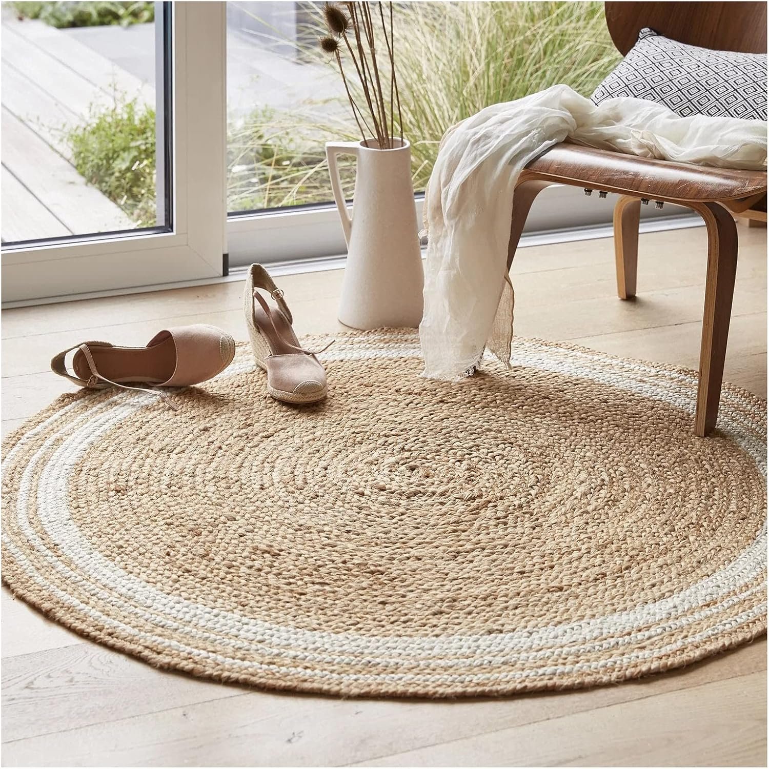 100% Jute Area Rug Approx 4 Feet – Braided Design Hand Woven Natural White Rings Carpet – Home Decor for Living Room Hallways – Round Natural Fibers